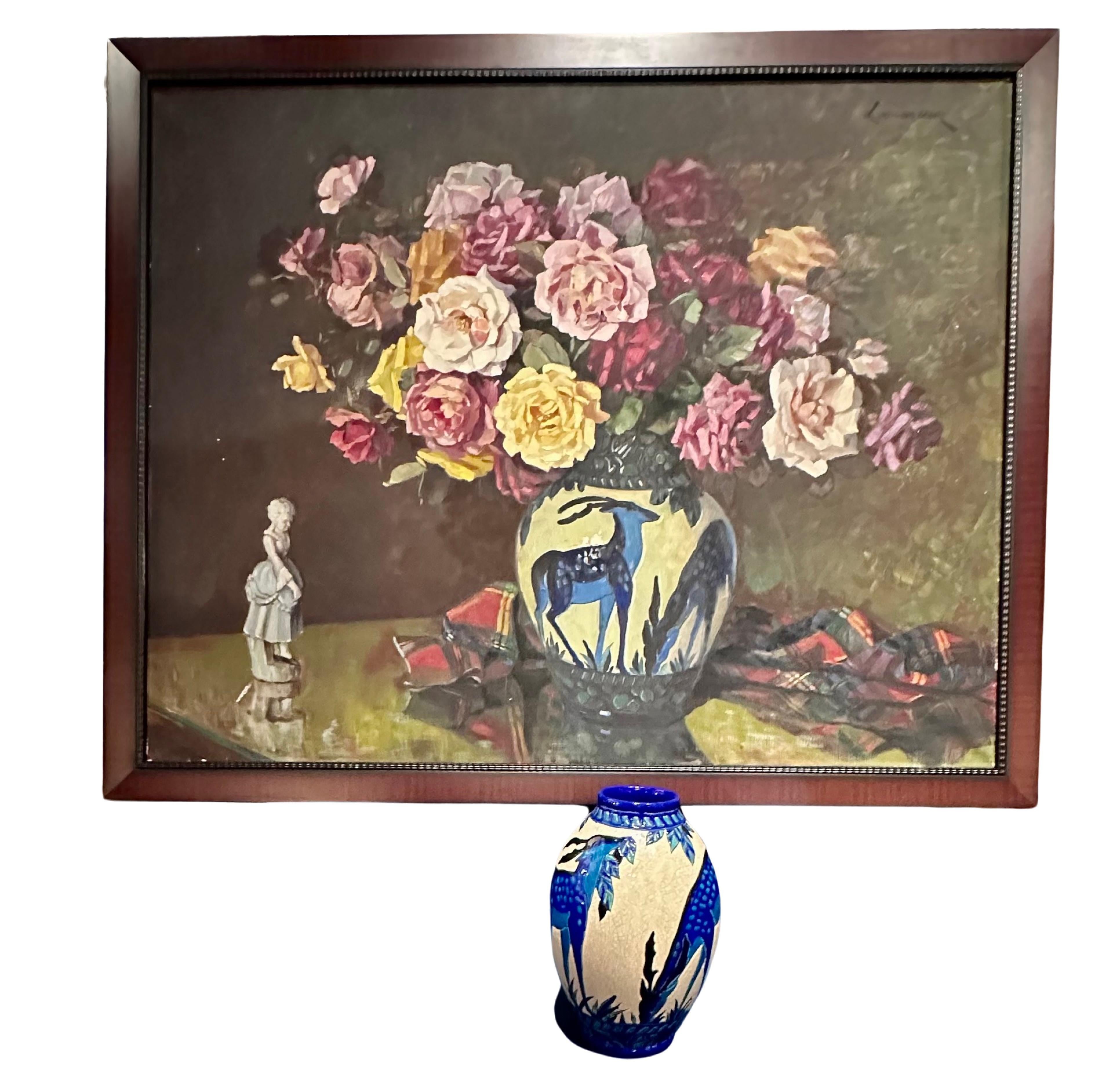 Catteau Boch Vase Gazelle avec peinture unique assortie Belgique Art Déco. Une occasion unique d'acquérir un rare vase à gazelle de Boch, accompagné d'une peinture originale représentant le vase. Acheté en Belgique, il s'agit d'une belle paire à