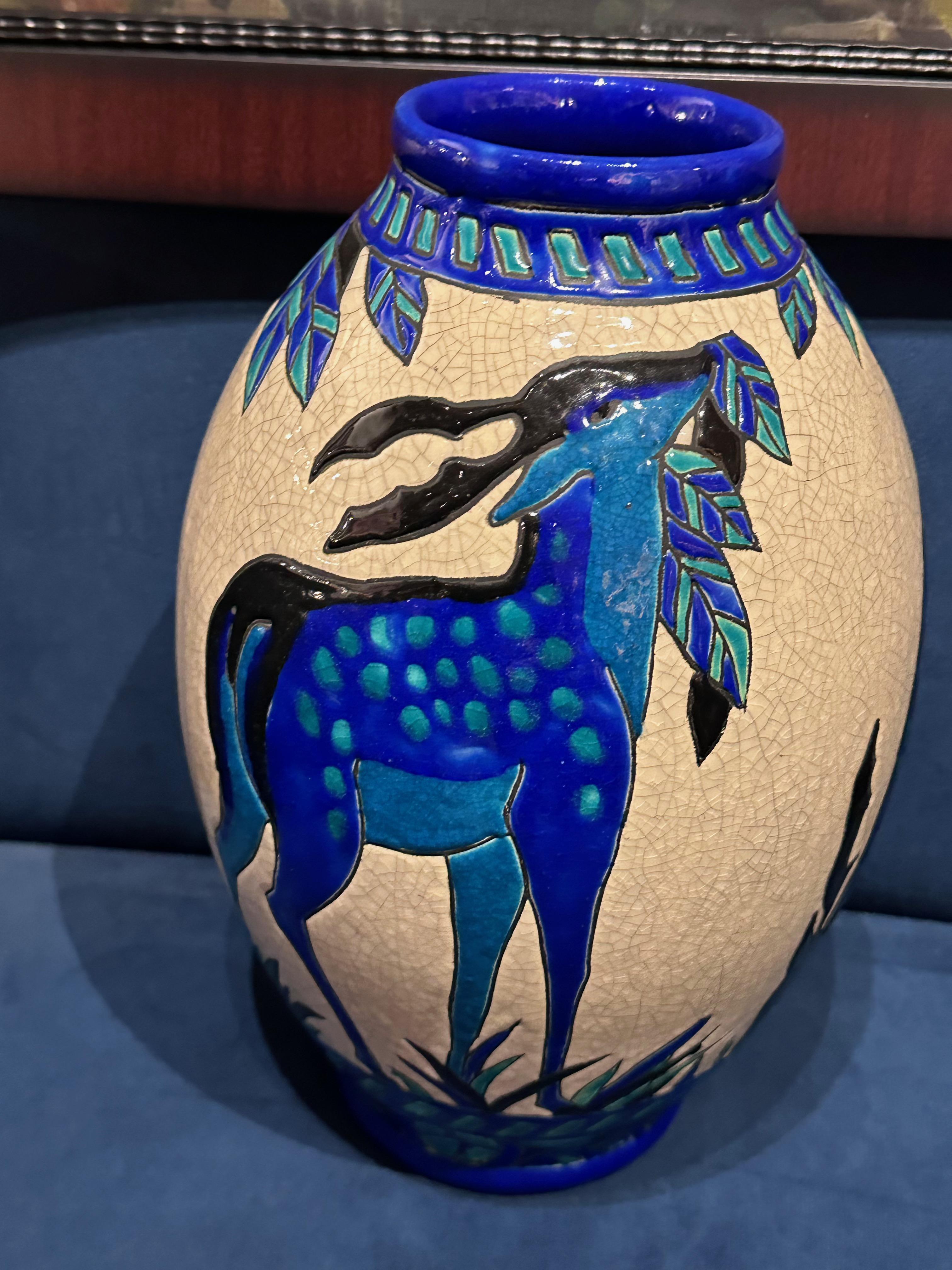 Ceramic Catteau Boch Gazelle Vase with Unique Matching Painting Belgium Art Deco For Sale