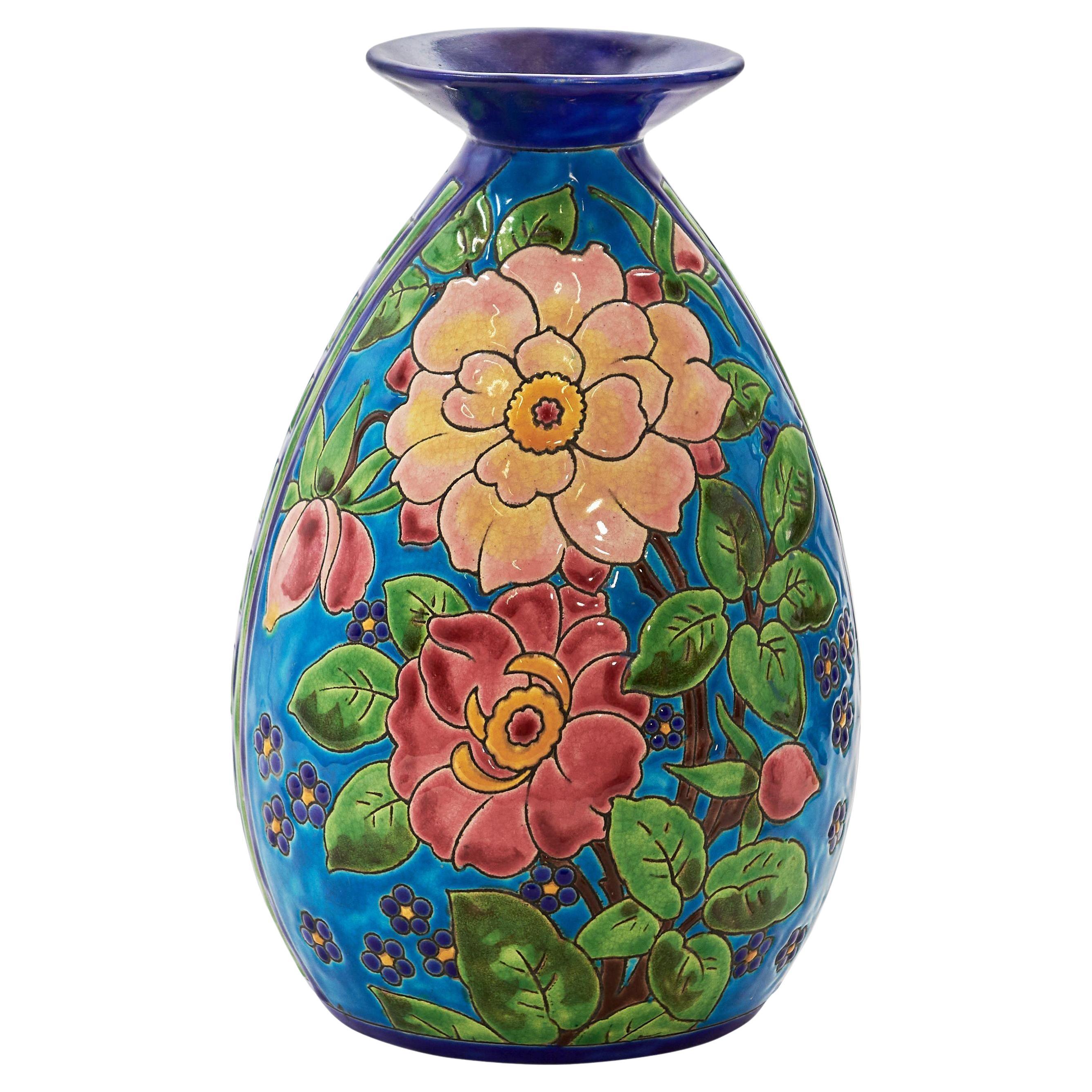 CATTEAU Charles, Boch KERAMIS FRERES Vase "Fleurs" 1933 For Sale