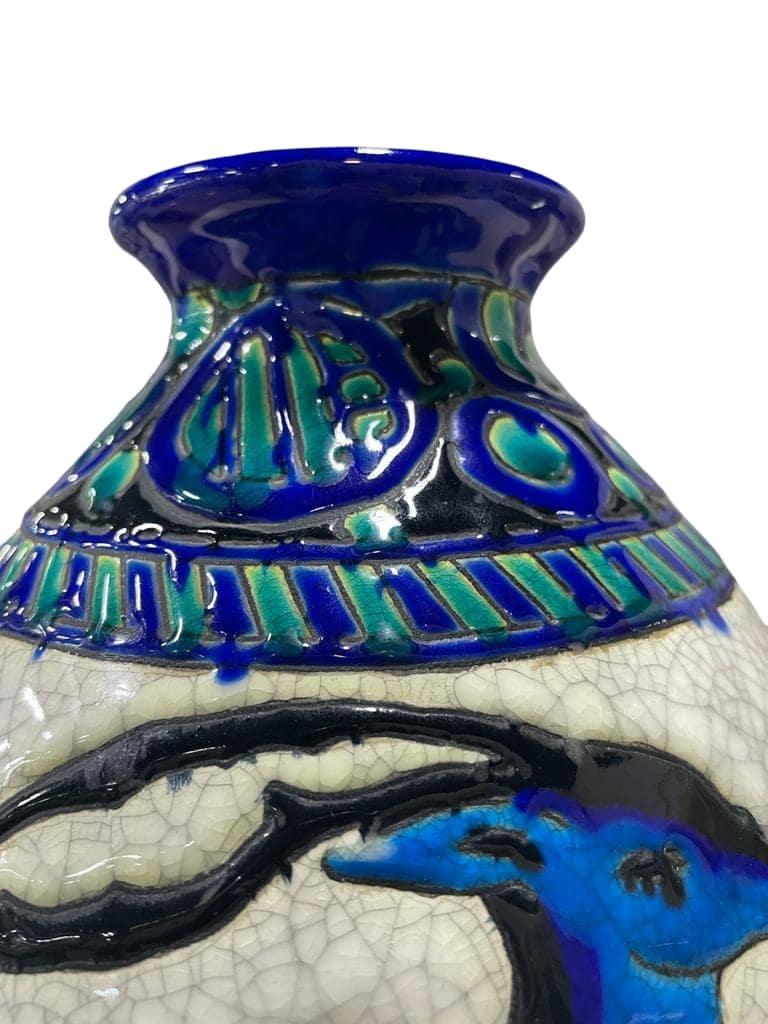 Art Deco CATTEAU CHARLES, Cracked Earthenware Vase depicting Deer, 1924 For Sale
