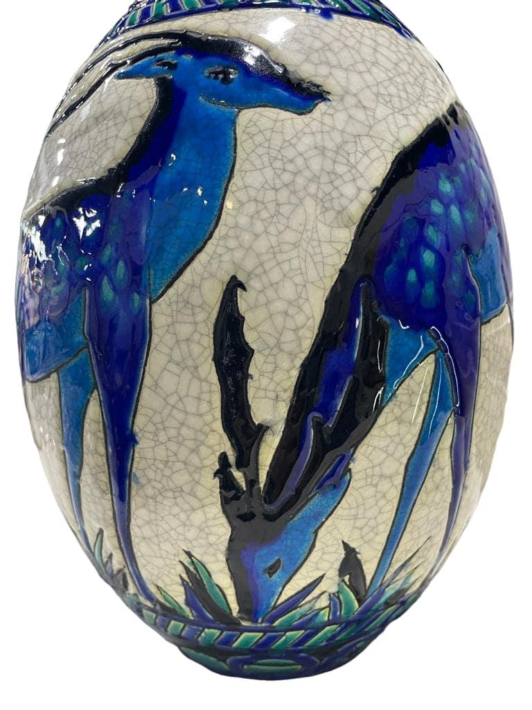 Belgian CATTEAU CHARLES, Cracked Earthenware Vase depicting Deer, 1924 For Sale