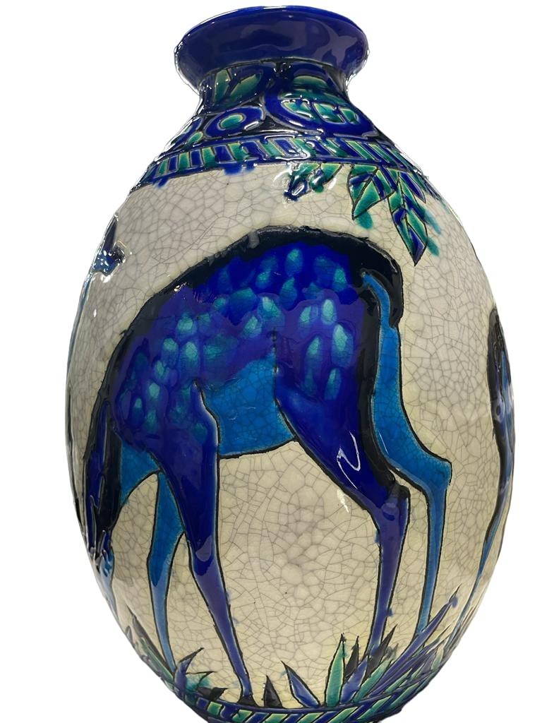 Glazed CATTEAU CHARLES, Cracked Earthenware Vase depicting Deer, 1924 For Sale