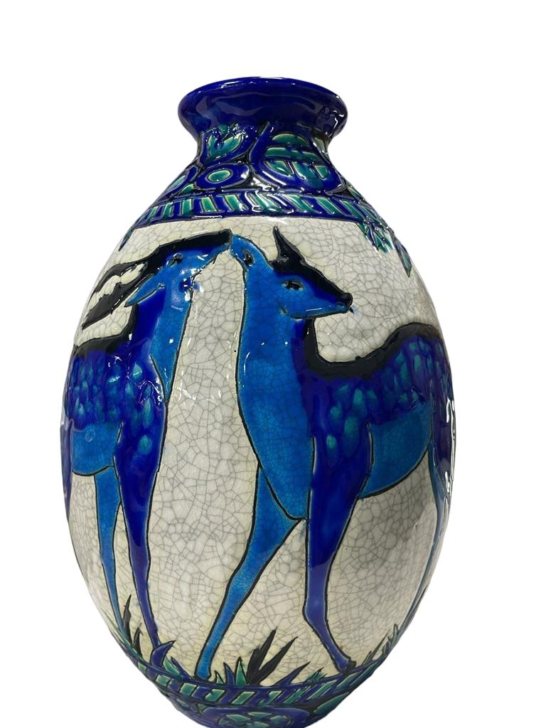 Early 20th Century CATTEAU CHARLES, Cracked Earthenware Vase depicting Deer, 1924 For Sale
