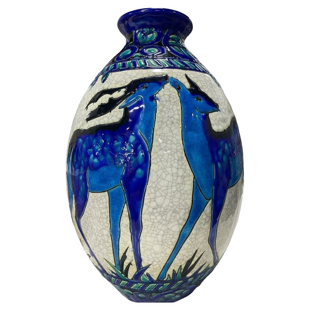 CATTEAU CHARLES, Cracked Earthenware Vase depicting Deer, 1924 For Sale