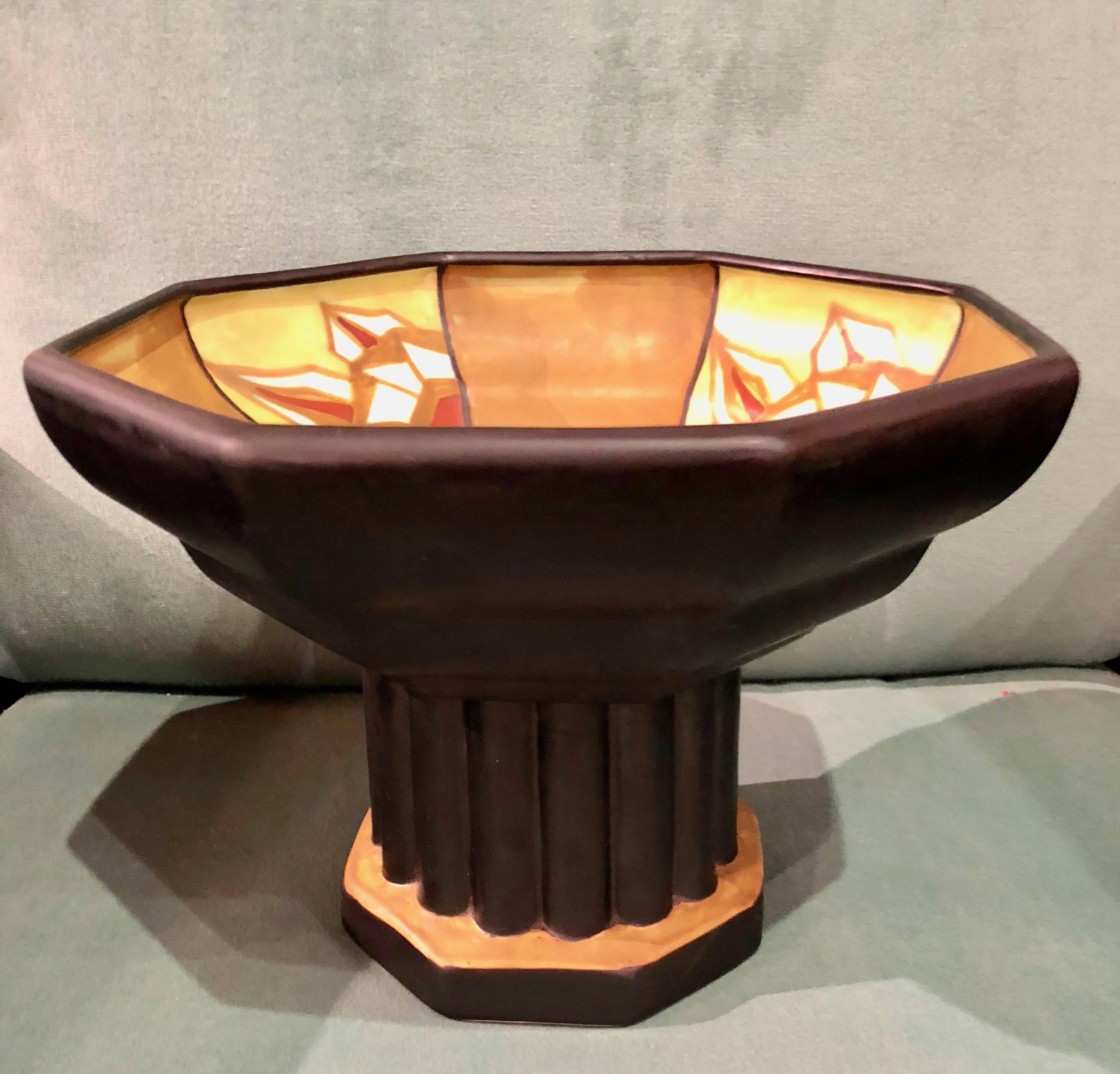 Art Deco Catteau Geometric Large Pedestal Bowl Boch Belgian Ceramic For Sale