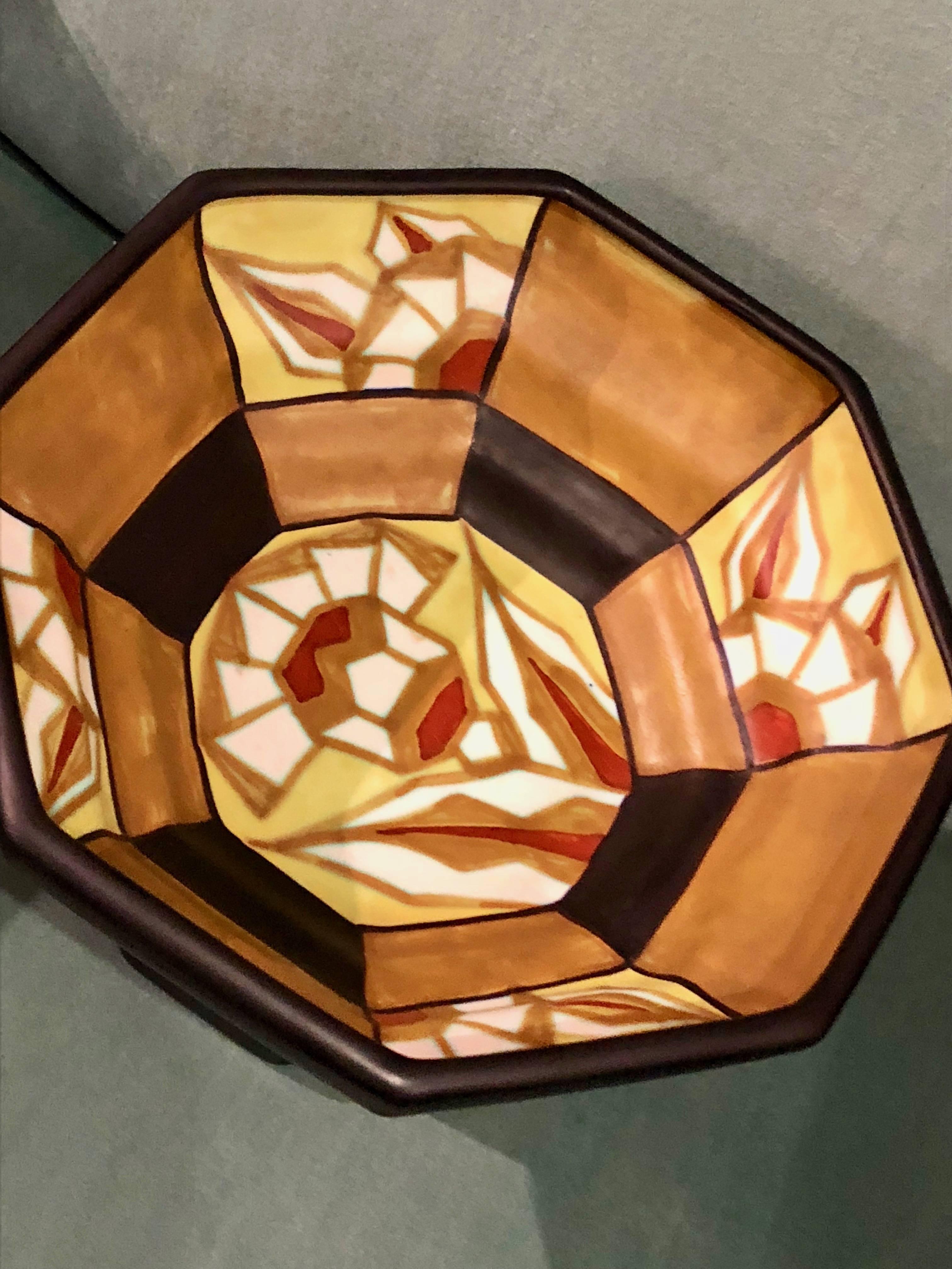 Catteau Geometric Large Pedestal Bowl Boch Belgian Ceramic In Good Condition For Sale In Oakland, CA