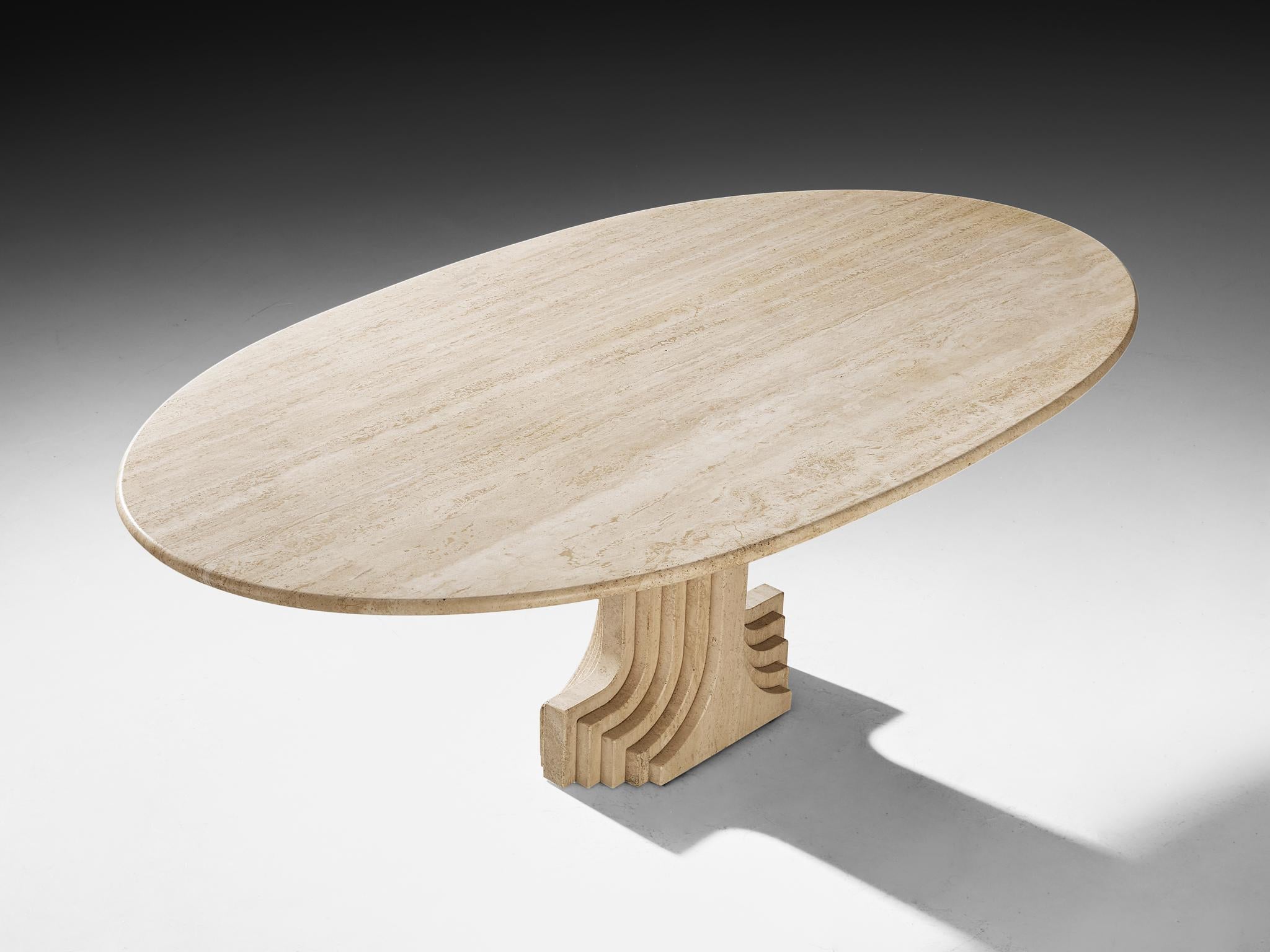Cattelan Italia 'Argo' table, travertine, Italy, 1980

Architectural dining table made by Cattelan Italia in 1980. This model 'Argo' dining table shows a slender oval tabletop, beautifully shaped creating a sense of excitement. The Post-modern