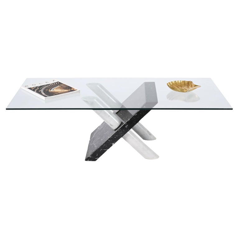 Mid-century black and grey Carrara marble coffee table base. This item is sold without the glass top. A tailored glass can be done upon request.

Cattelan Italia produced this fantastic piece in Italy during the 1980s.

This wonderful piece is