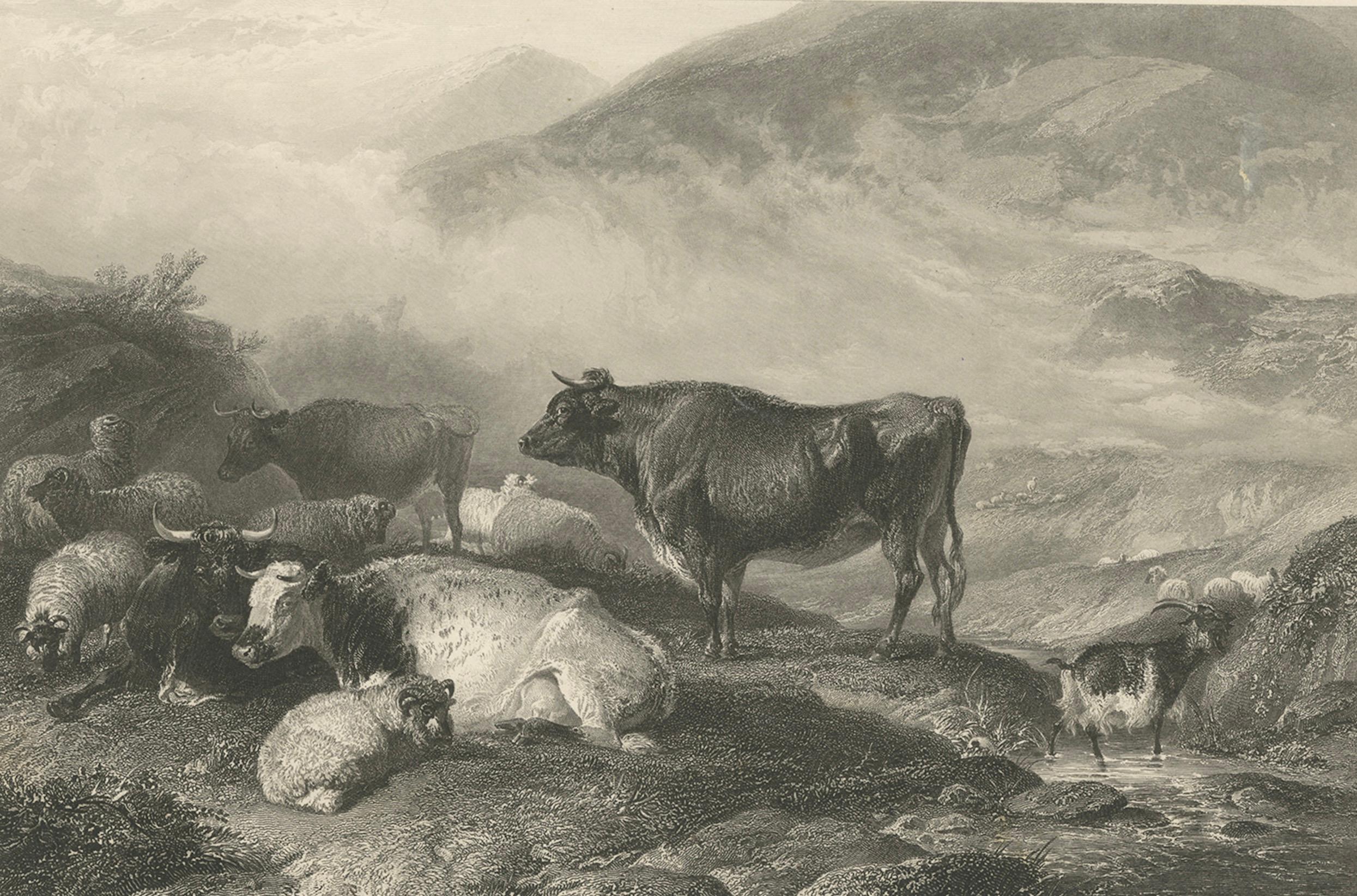 Bétail au petit matin - Gravure ancienne de 1849 par J. Cousen d'après T.S. Coopérateur

Cette gravure sur acier finement détaillée, intitulée Cattle Early Morning, est d'après une peinture de Thomas Steele (1803-1902), l'un des plus célèbres