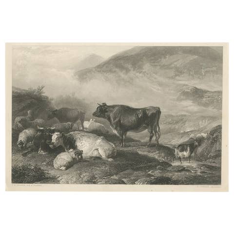 Cattle Early Morning – Antique 1849 Engraving by J. Cousen after T.S. Cooper