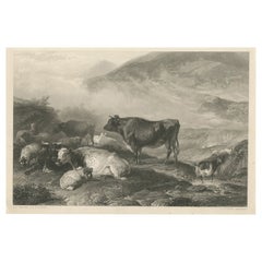Bétail au petit matin - Gravure ancienne de 1849 par J. Cousen d'après T.S. Coopérateur