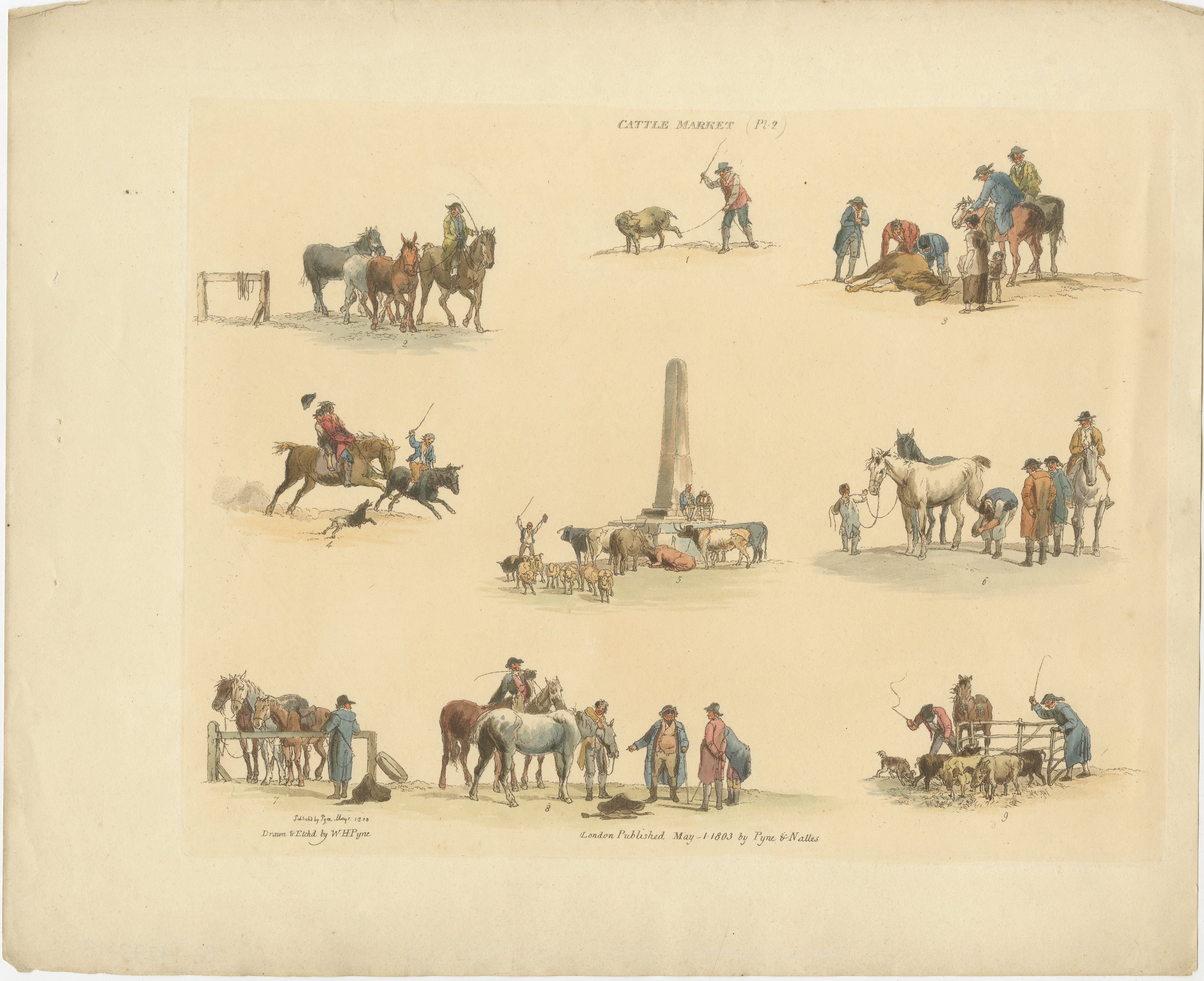 Cattle Market Rural Scenes — Hand-Colored Etching by W.H. Pyne, London 1803