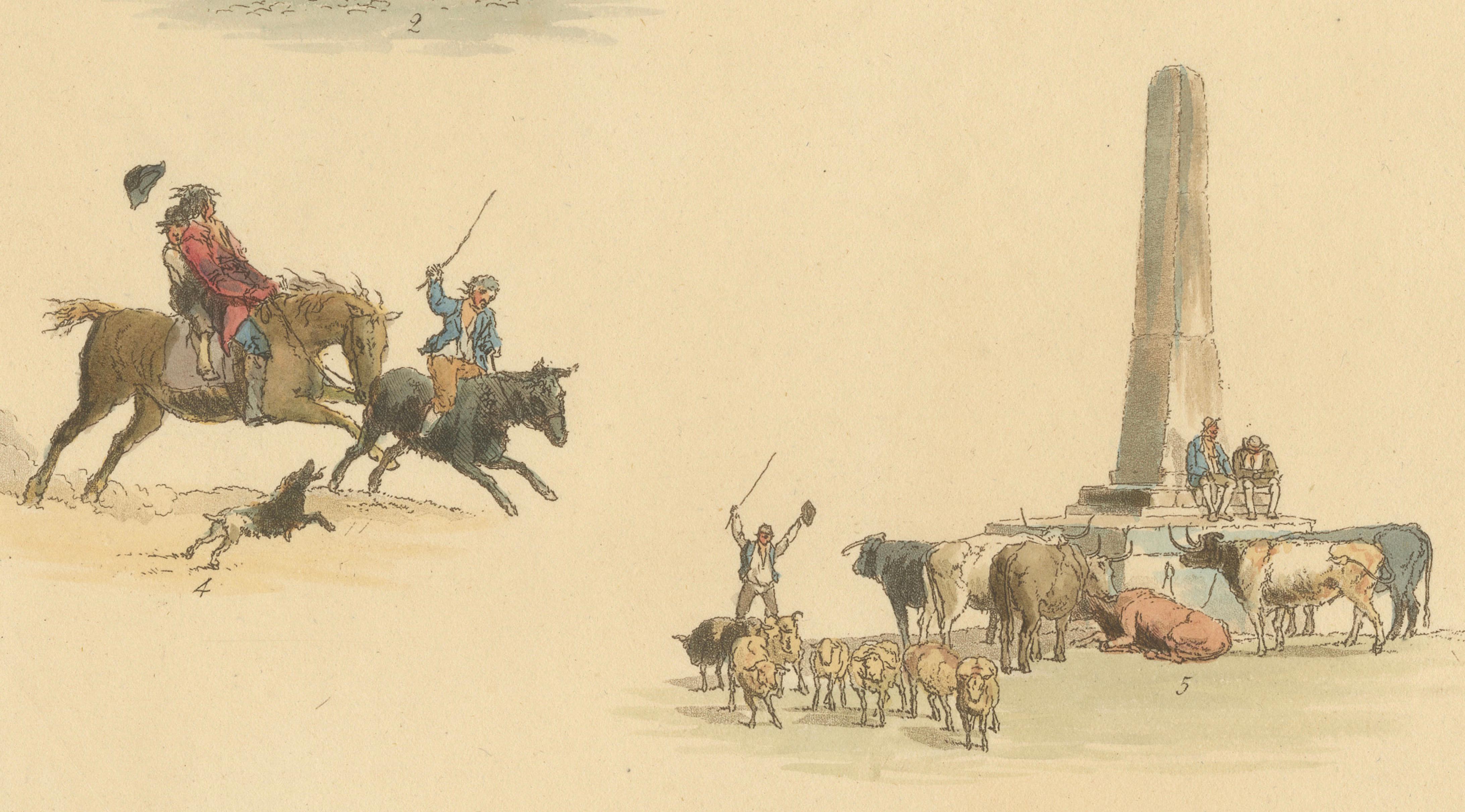 Cattle Market Rural Scenes — Hand-Colored Etching by W.H. Pyne, London 1803