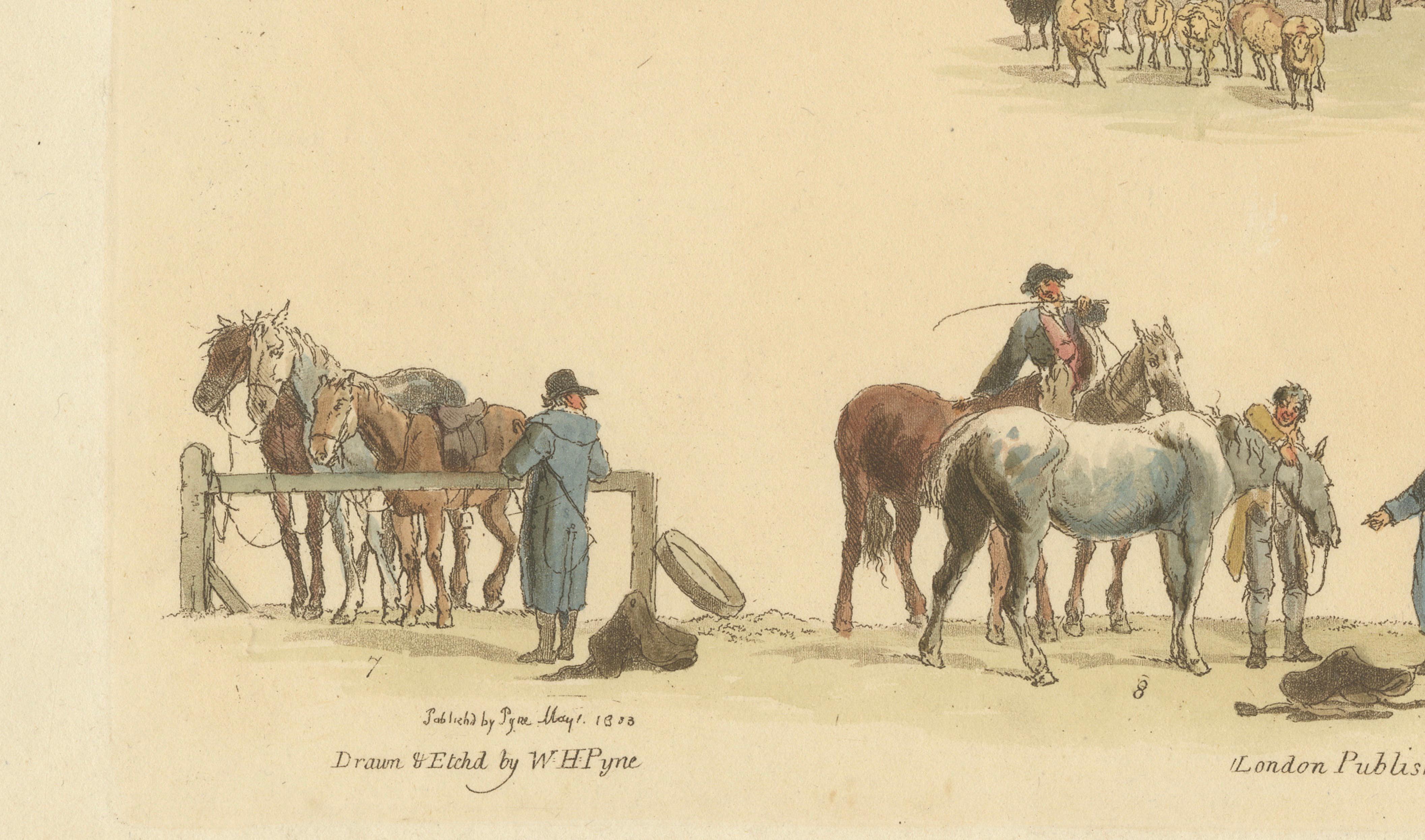 Cattle Market Rural Scenes — Hand-Colored Etching by W.H. Pyne, London 1803