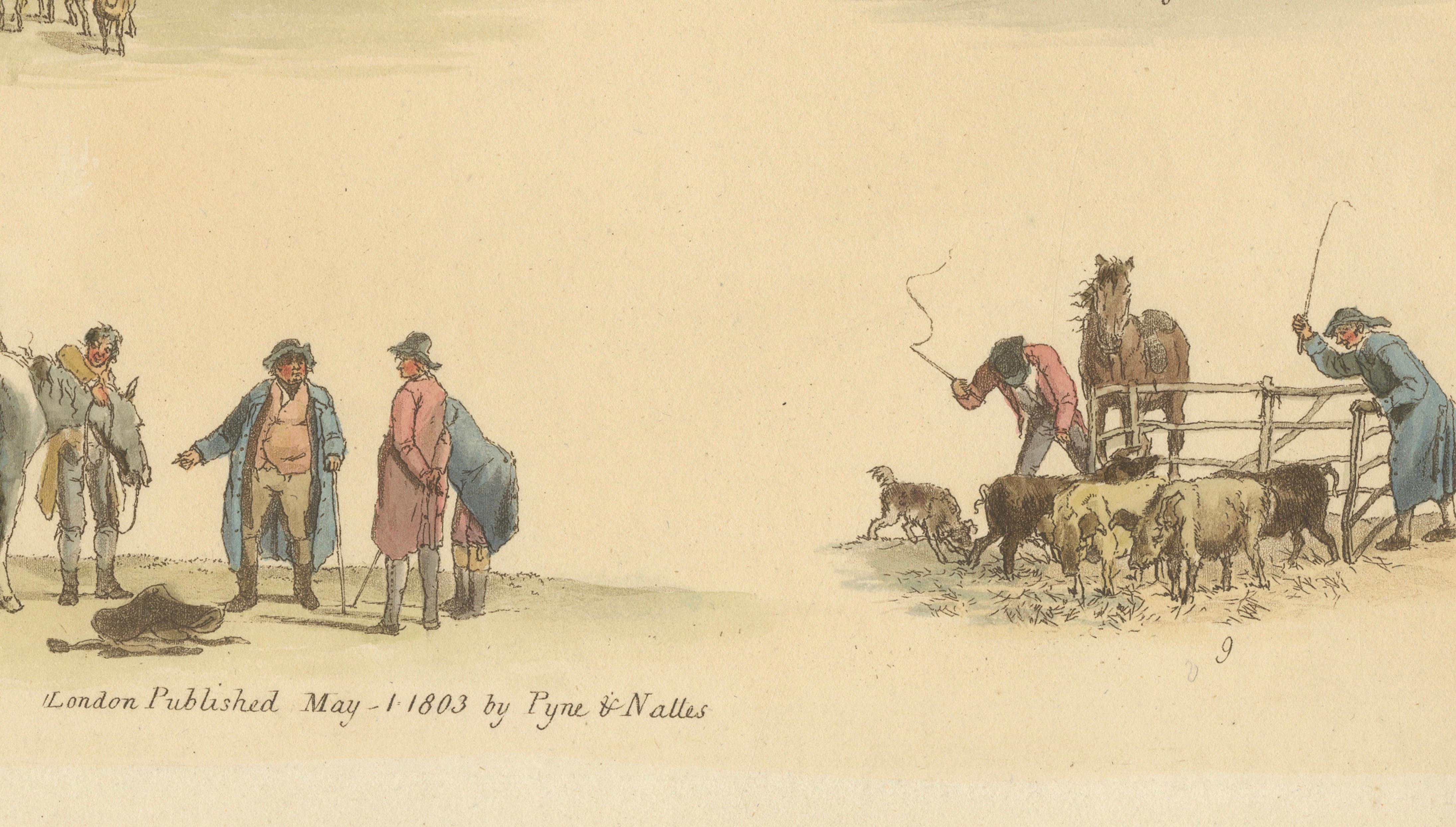 Cattle Market Rural Scenes — Hand-Colored Etching by W.H. Pyne, London 1803