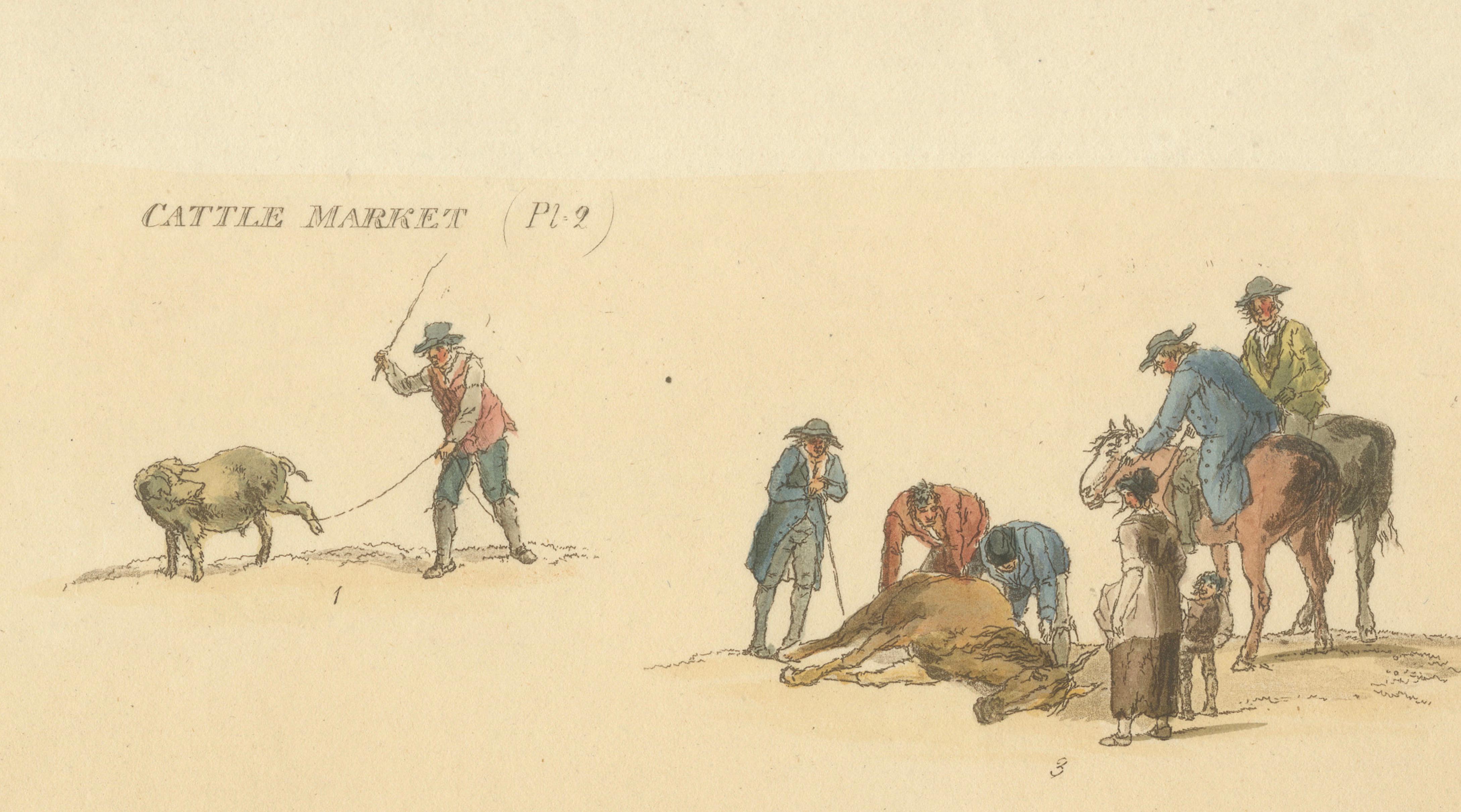 Cattle Market Rural Scenes — Hand-Colored Etching by W.H. Pyne, London 1803
