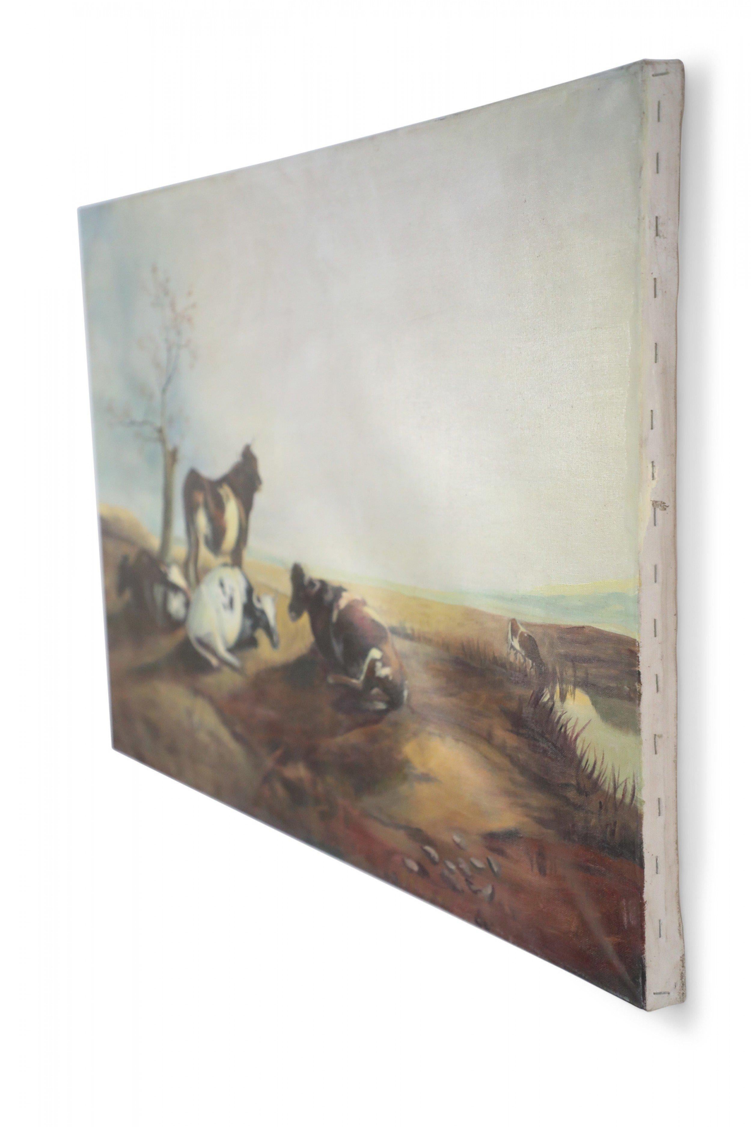 Pintura al óleo de época (siglo XX) que representa a un grupo de vacas lecheras descansando en un campo con un fondo de amplios planos interrumpidos sólo por un árbol, sobre lienzo rectangular sin enmarcar.