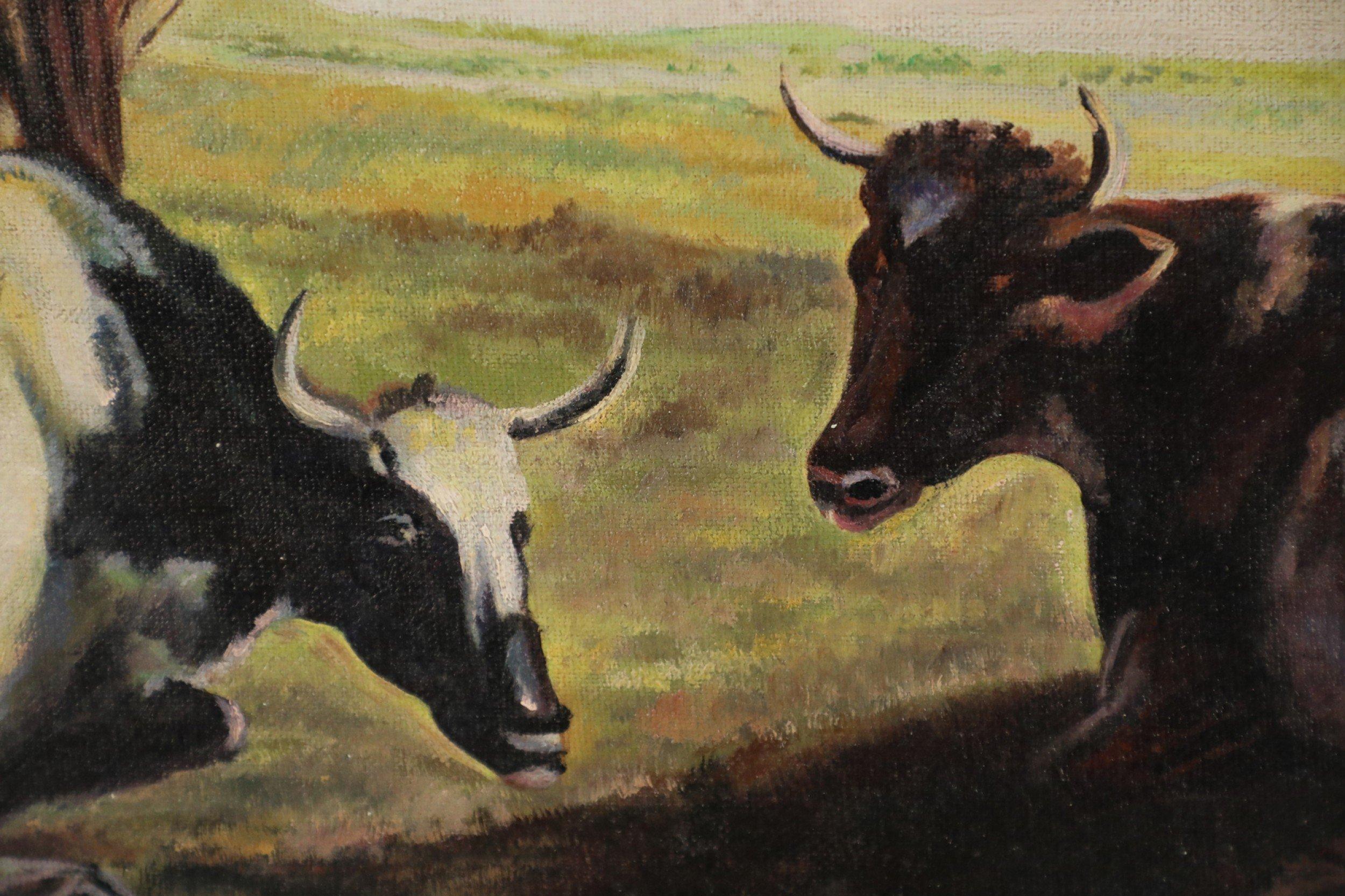 Vintage (20th Century) oil painting depicting a group of dairy cows relaxing in a field with a background of sweeping flat planes interrupted only by a single tree, on rectangular unframed canvas.
 