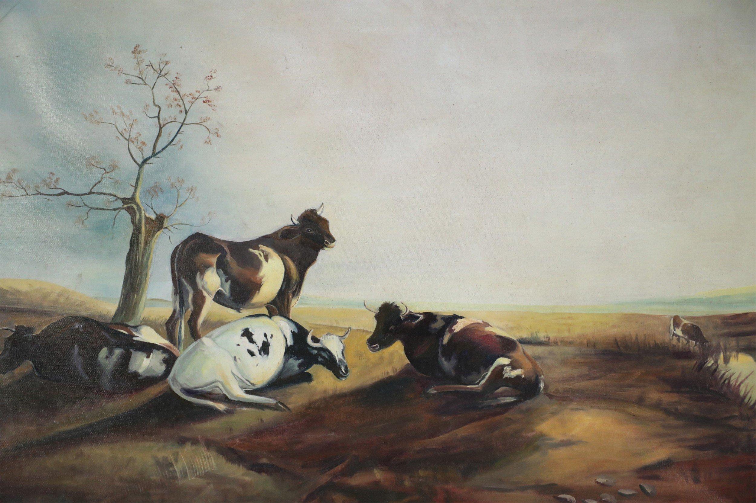 Mid-Century Modern Cattle Resting in a Field Oil Painting on Canvas For Sale