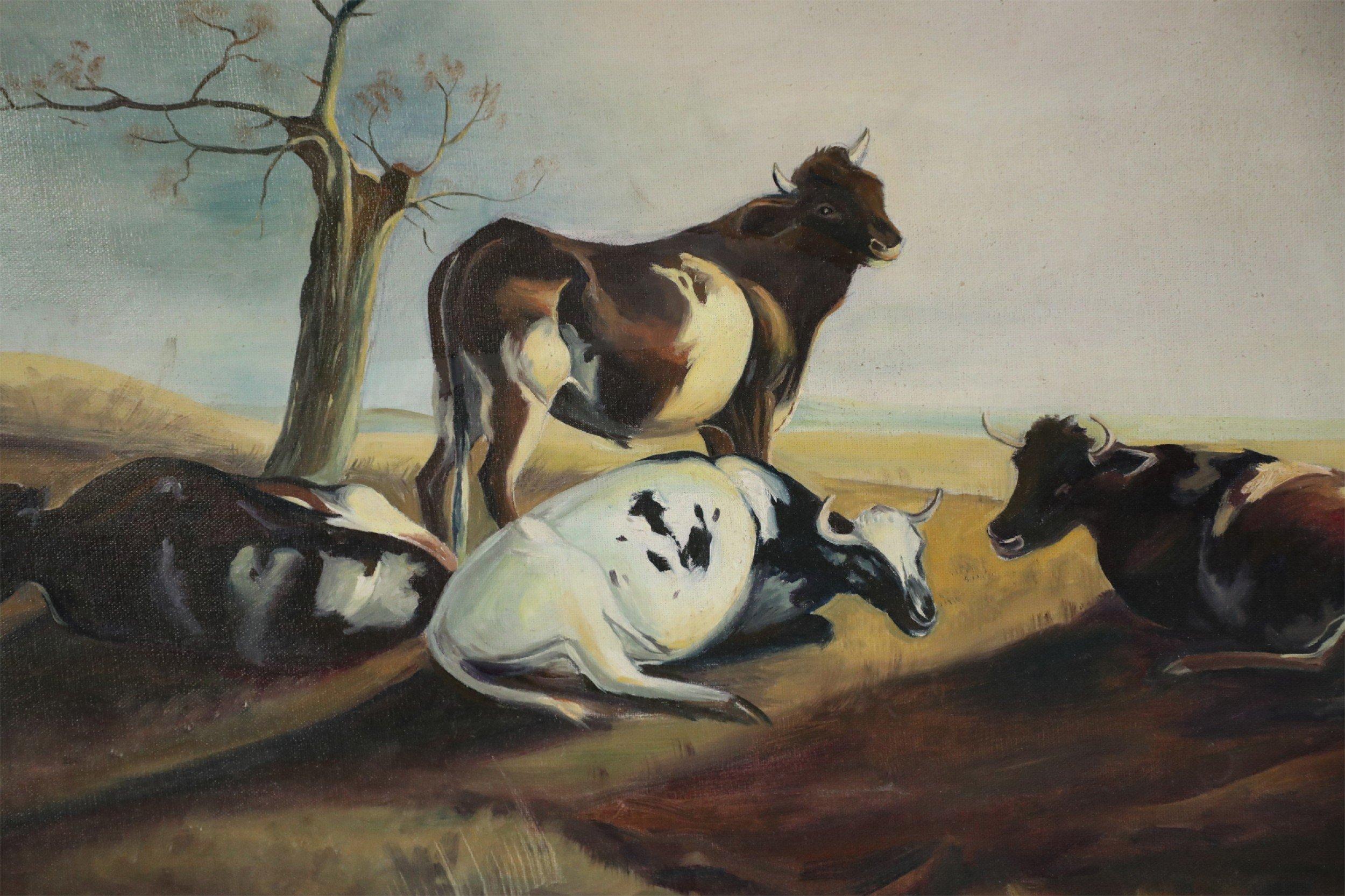 American Cattle Resting in a Field Oil Painting on Canvas For Sale