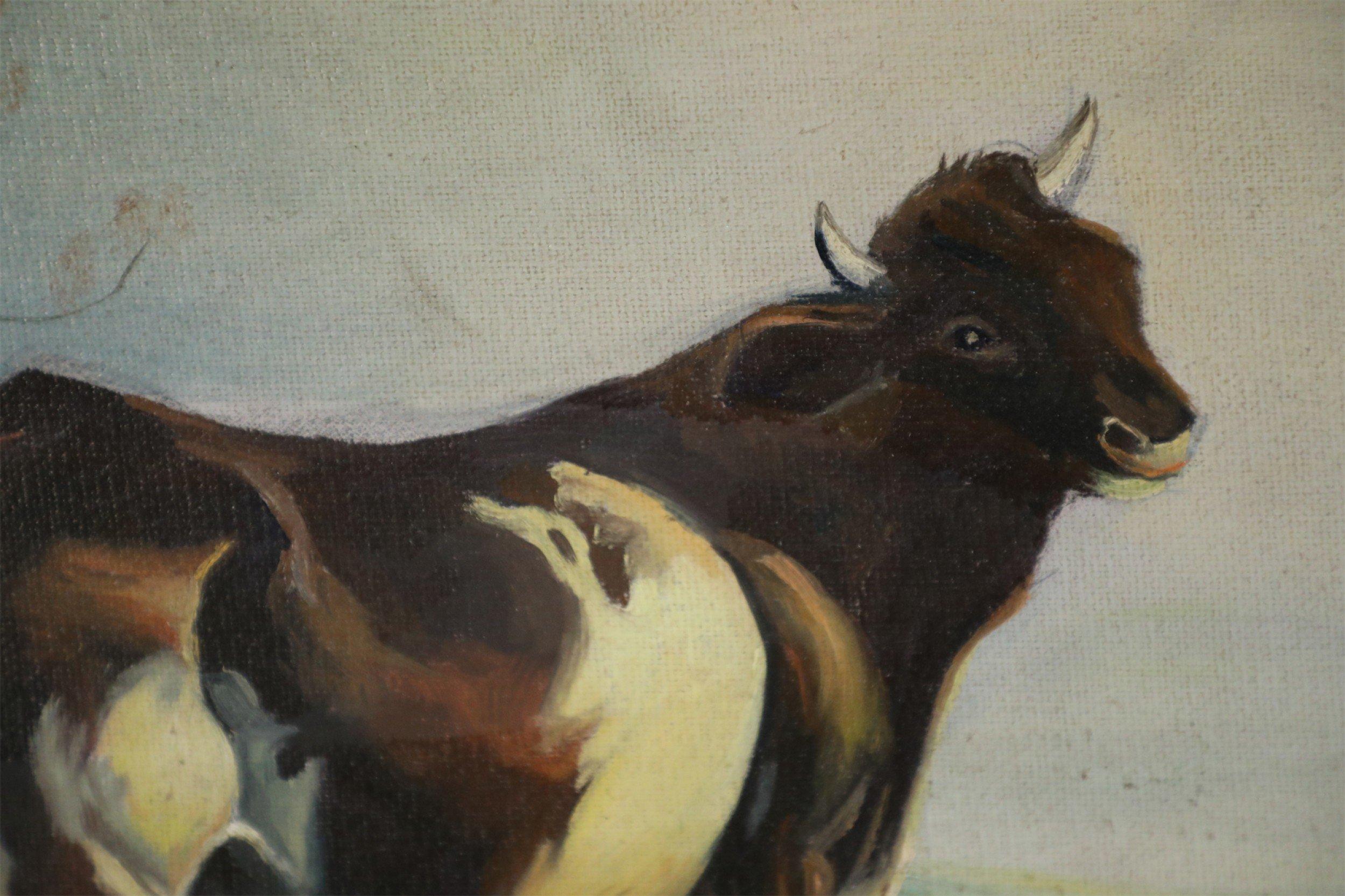 20th Century Cattle Resting in a Field Oil Painting on Canvas For Sale