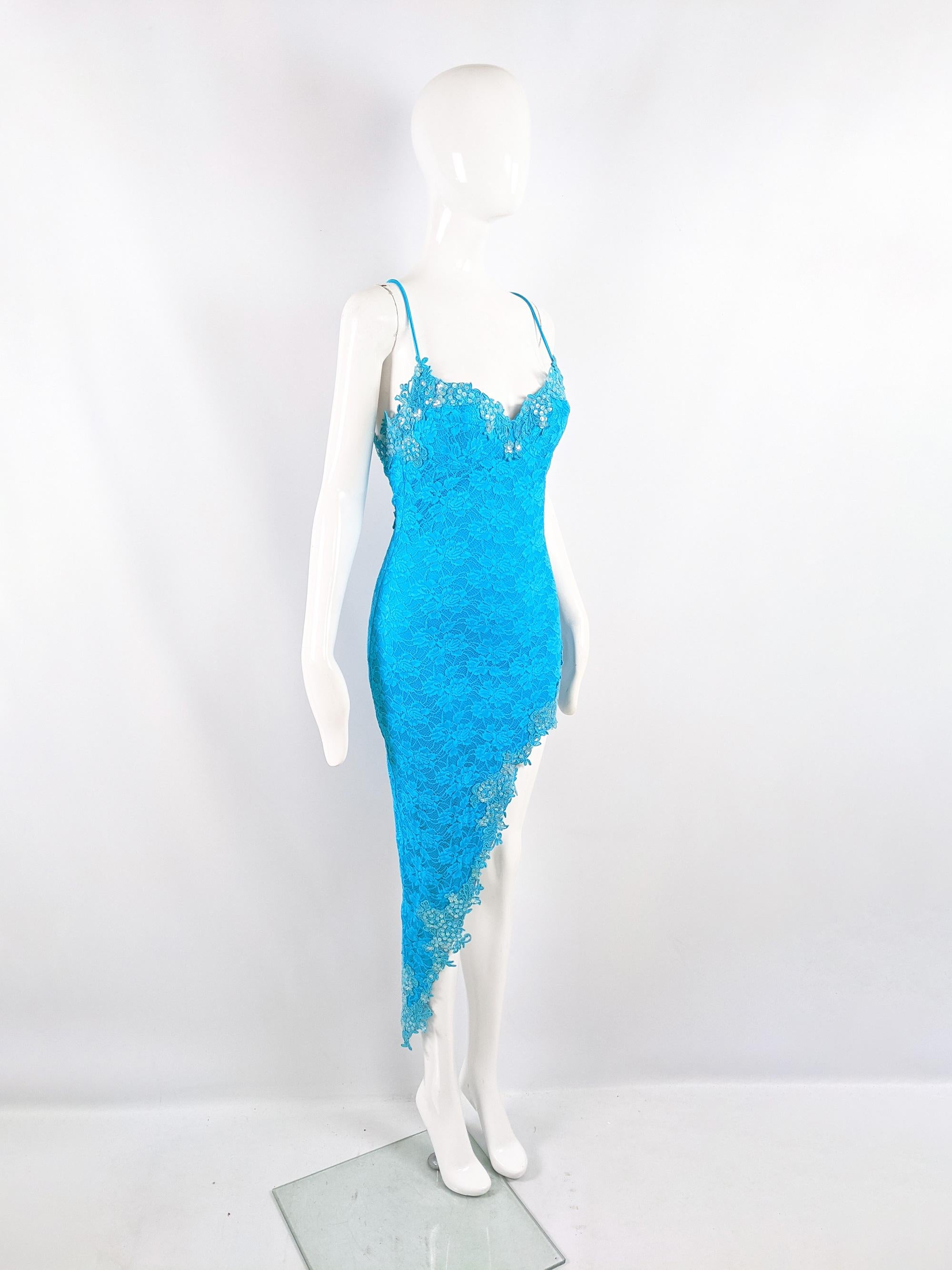 Blue Catwalk Collection Sexy Vintage Y2K Turquoise Lace Bodice Party Dress, 2000s For Sale