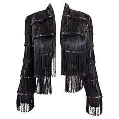 Catwalk Collection Vintage Fringed Black Satin Crop Jacket, 1990s