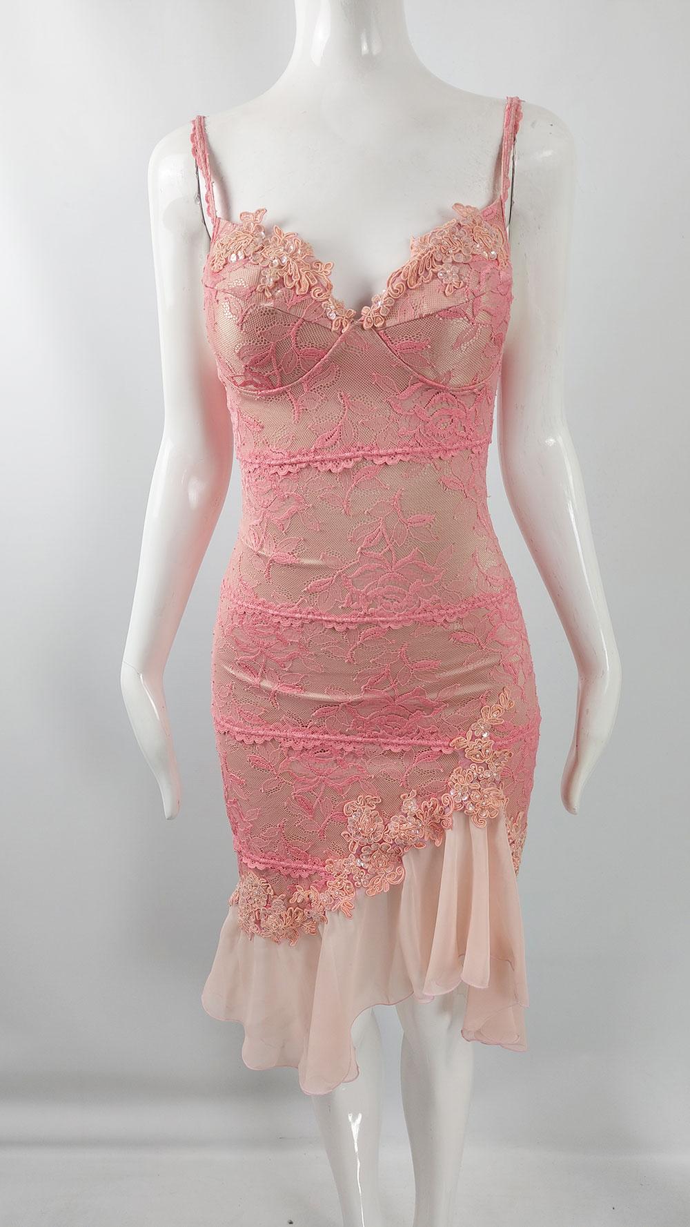 Catwalk Collection Vintage Pink Lace & Nude Jersey Sexy Y2K Cocktail Party Dress In Good Condition In Doncaster, South Yorkshire