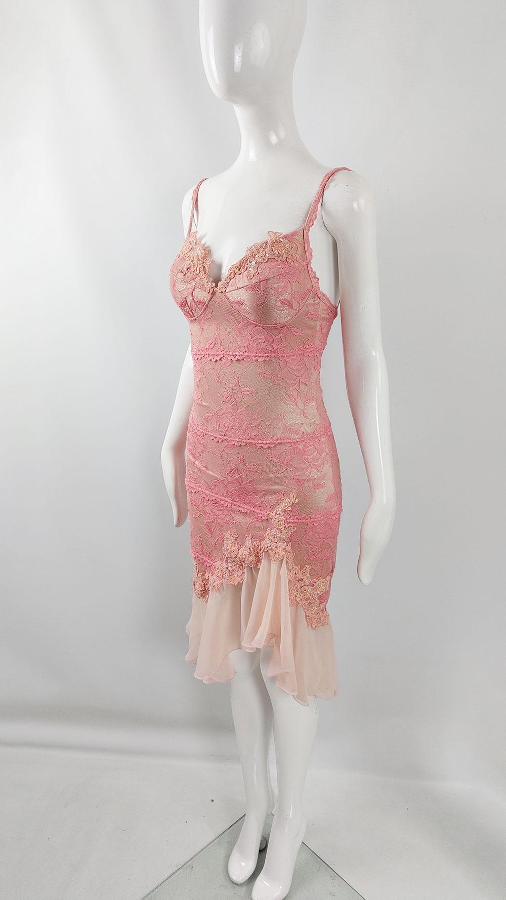 Women's Catwalk Collection Vintage Pink Lace & Nude Jersey Sexy Y2K Cocktail Party Dress