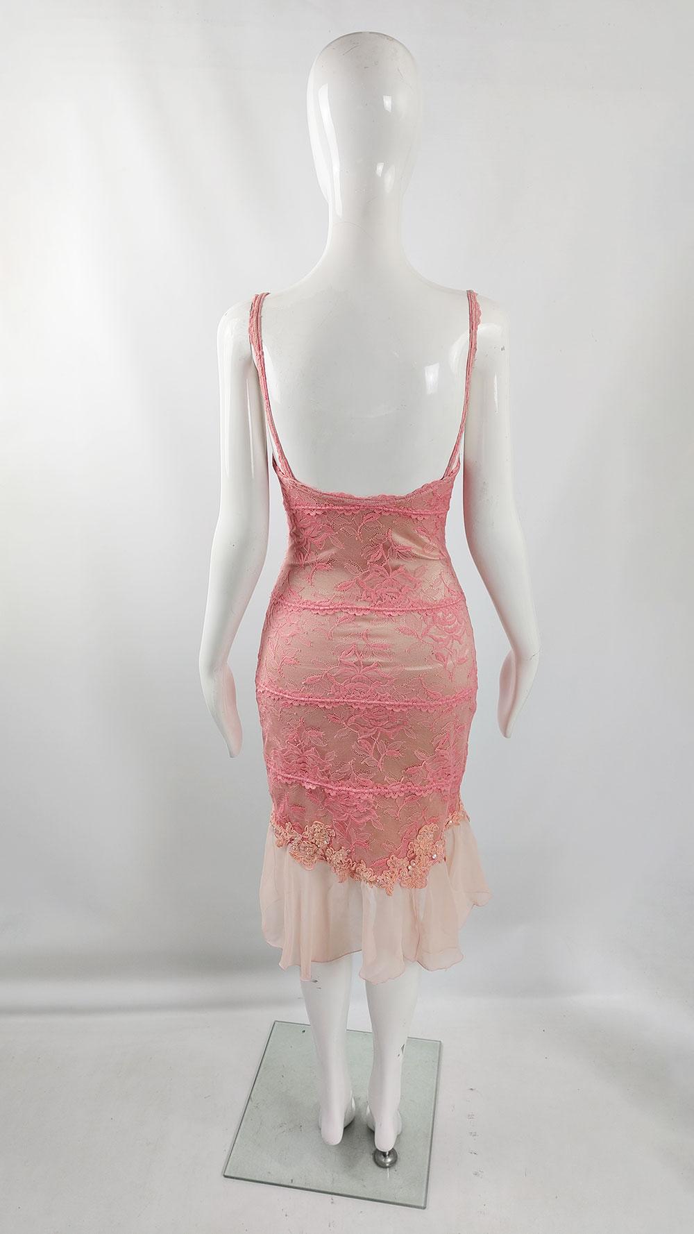 Catwalk Collection Vintage Pink Lace & Nude Jersey Sexy Y2K Cocktail Party Dress 5