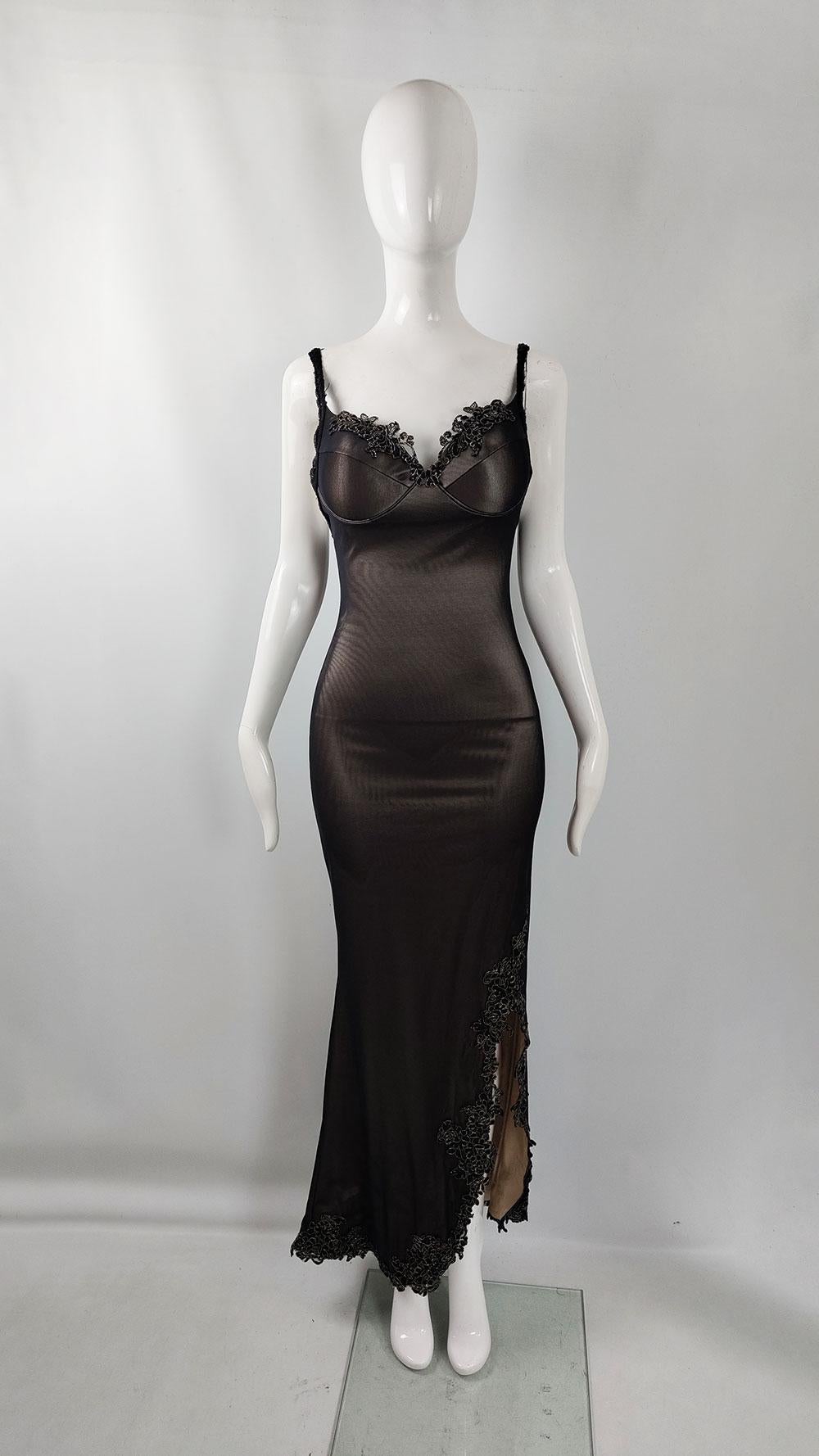 A captivating 2000s vintage women's dress by the iconic British label Catwalk Collection, known for sensual eveningwear. This dress, made from black mesh over flesh-colored stretch jersey, creates a pale gold/brownish effect from afar. It features