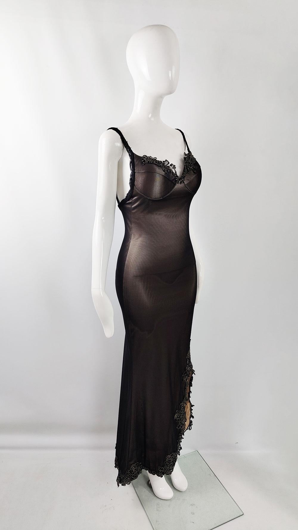 Catwalk Collection Vintage Sexy y2k Padded Bust Black Mesh & Nude Evening Dress In Good Condition For Sale In Doncaster, South Yorkshire