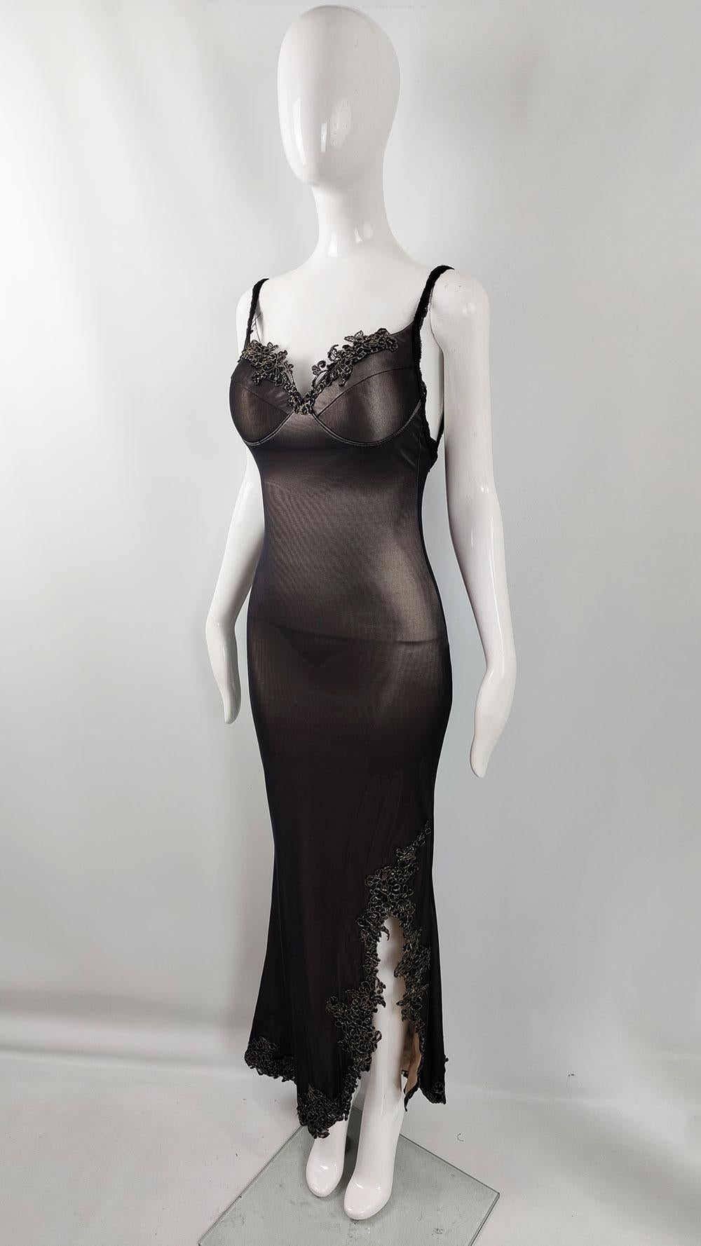 Catwalk Collection Vintage Sexy y2k Padded Bust Black Mesh & Nude Evening Dress For Sale 2