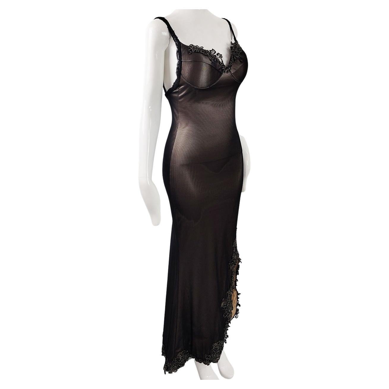 Catwalk Collection Vintage Sexy y2k Padded Bust Black Mesh & Nude Evening Dress For Sale