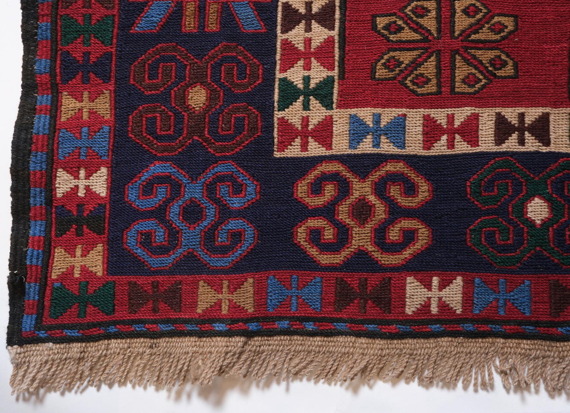 This is an old Soumak ( Sumak, Sumac ) Kilim from the Caucasus region with a rare and beautiful color composition.

Of the four countries that make up the Caucasus, Azerbaijan produces the most kilims, and the land has a long history of weaving.
