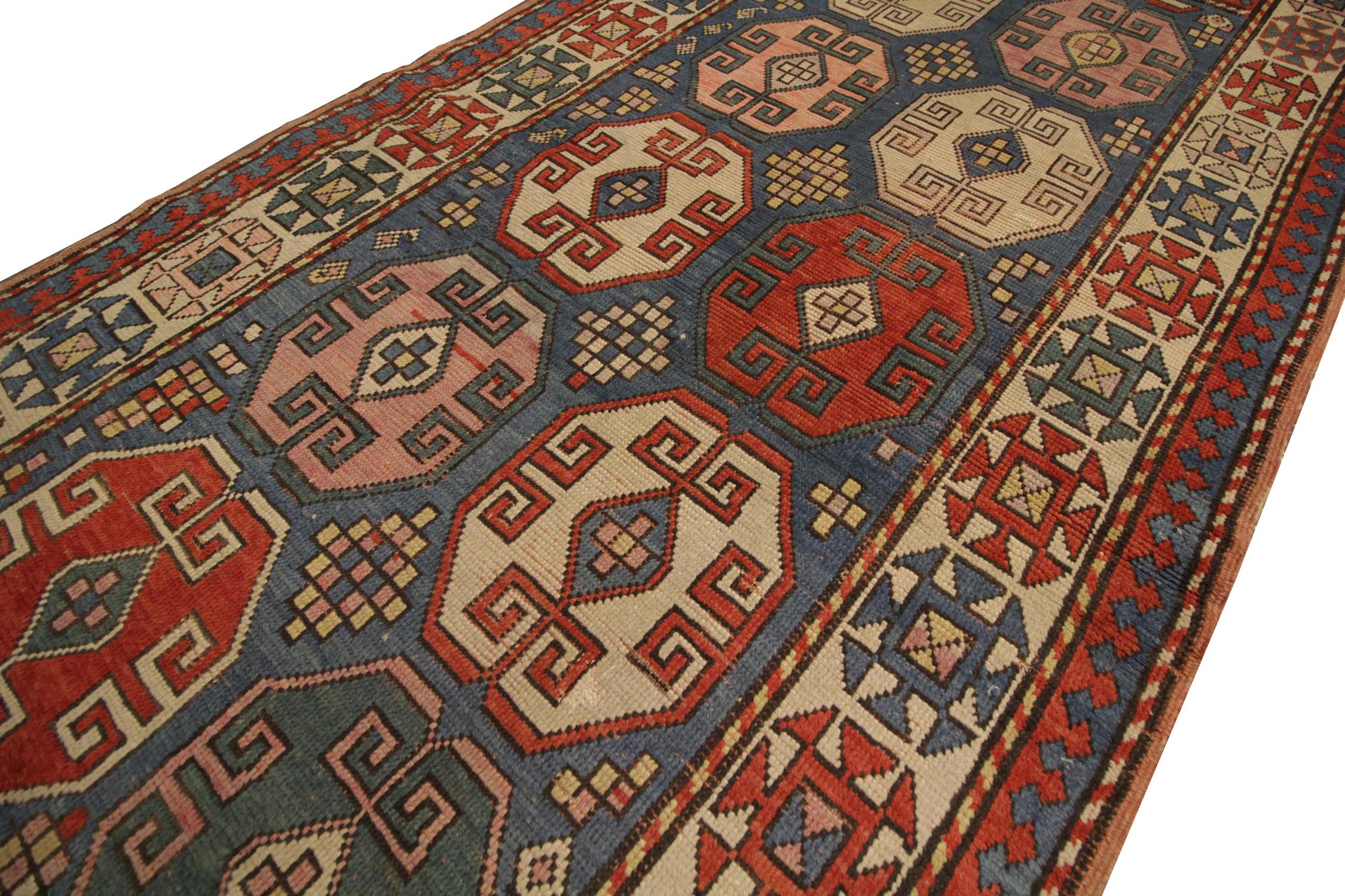 Tribal Caucasian Antique Handmade Carpet Red and Blue Wool Entrance Rug Oriental For Sale