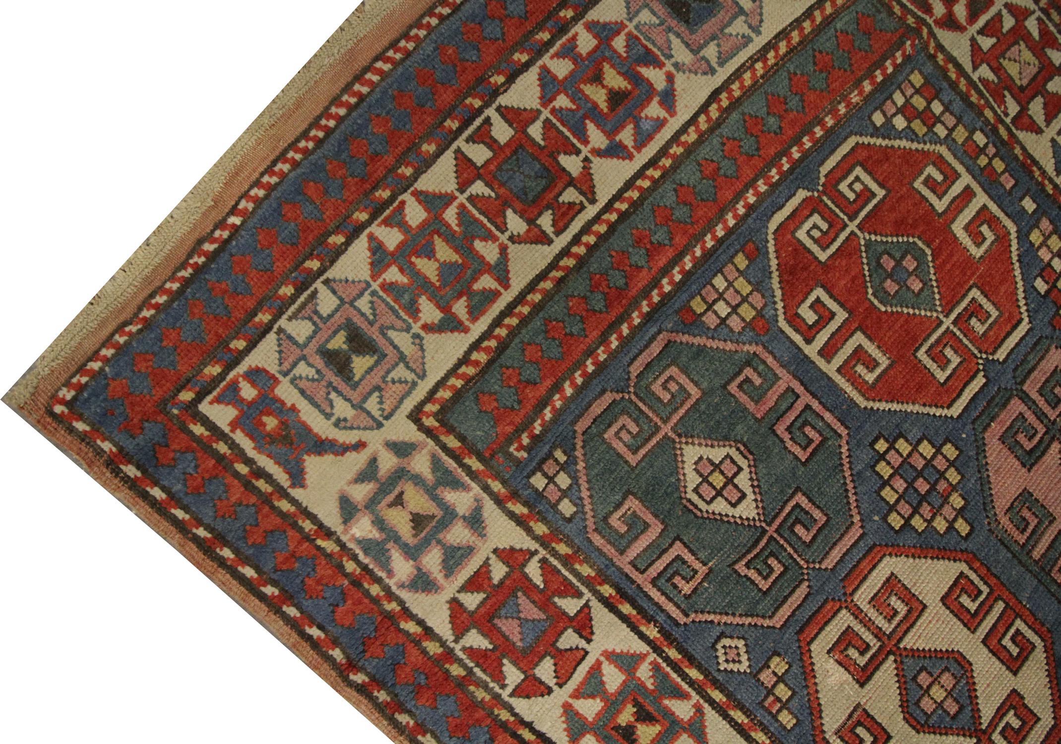 Azerbaijani Caucasian Antique Handmade Carpet Red and Blue Wool Entrance Rug Oriental For Sale