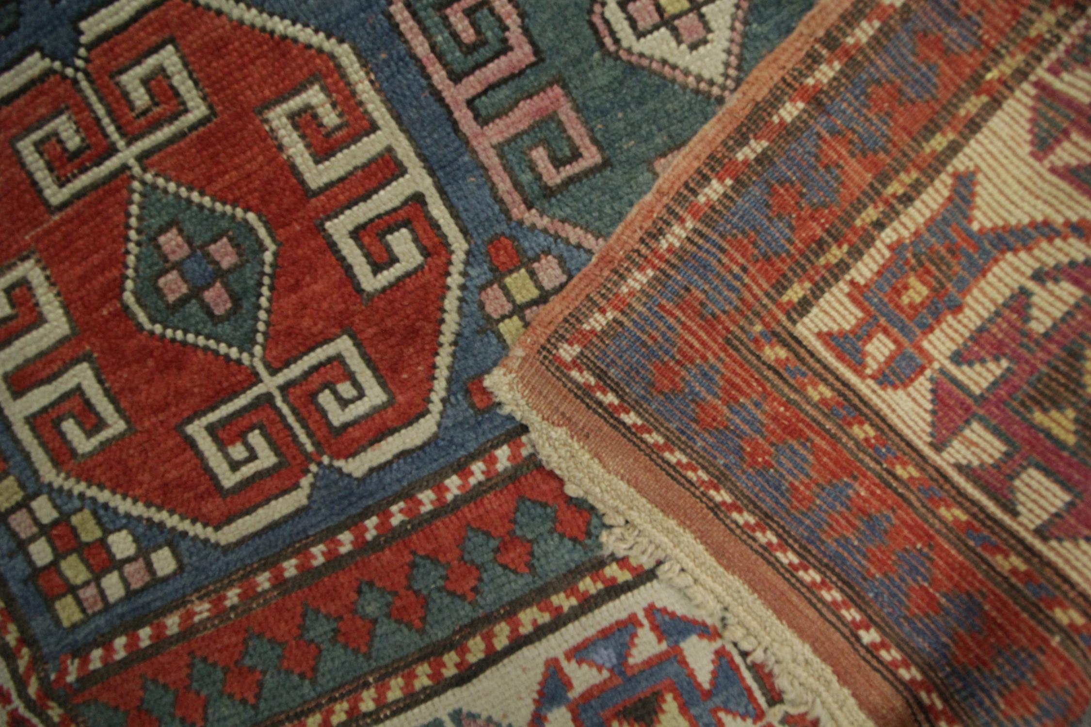 Vegetable Dyed Caucasian Antique Handmade Carpet Red and Blue Wool Entrance Rug Oriental For Sale