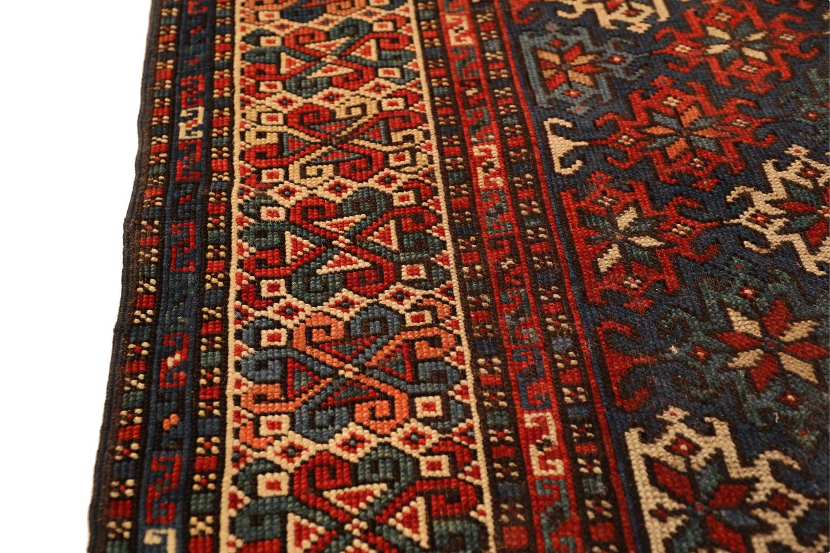 Hand-Knotted Caucasian Antique Rug, Blue Red Ivory - 3 x 5 For Sale