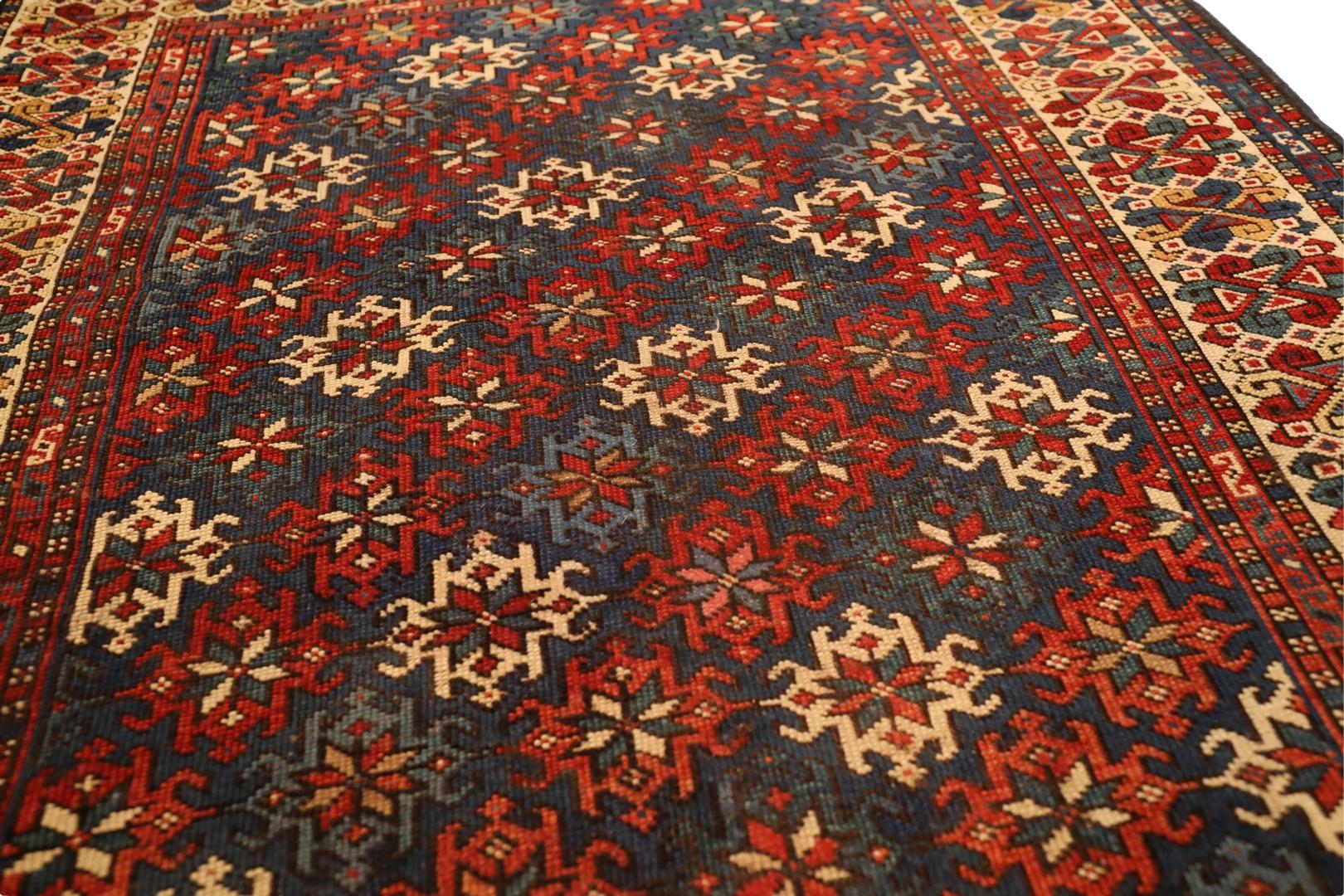 Caucasian Antique Rug, Blue Red Ivory - 3 x 5 In Good Condition For Sale In New York, NY