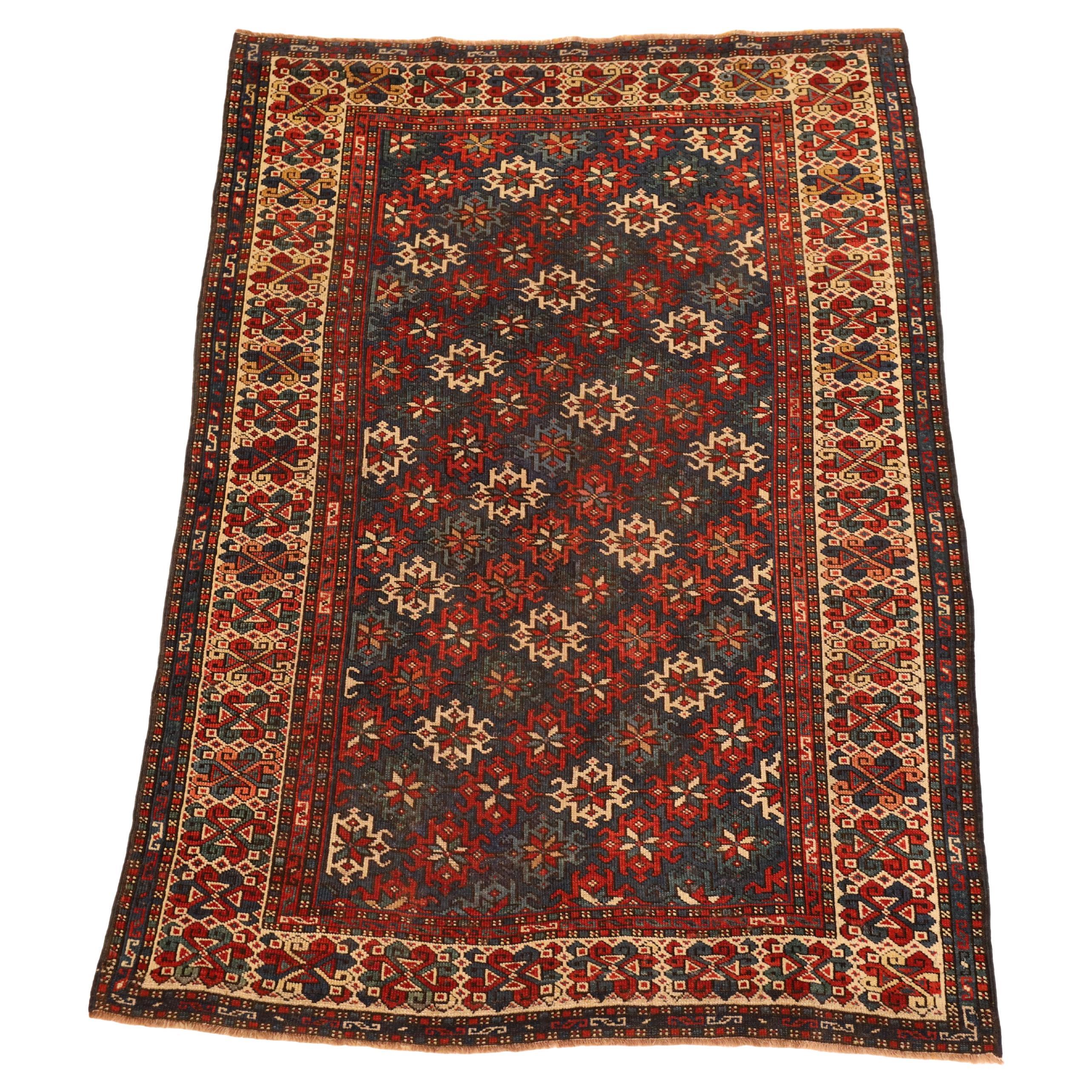 Caucasian Antique Rug, Blue Red Ivory - 3 x 5 For Sale