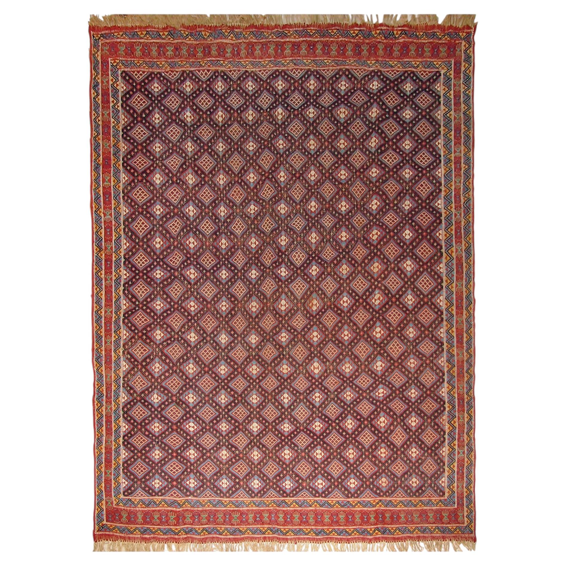 Caucasian Flat-Woven Wool Rug, Geometric Design, 6.9' x 9.8', Dekolet Collection