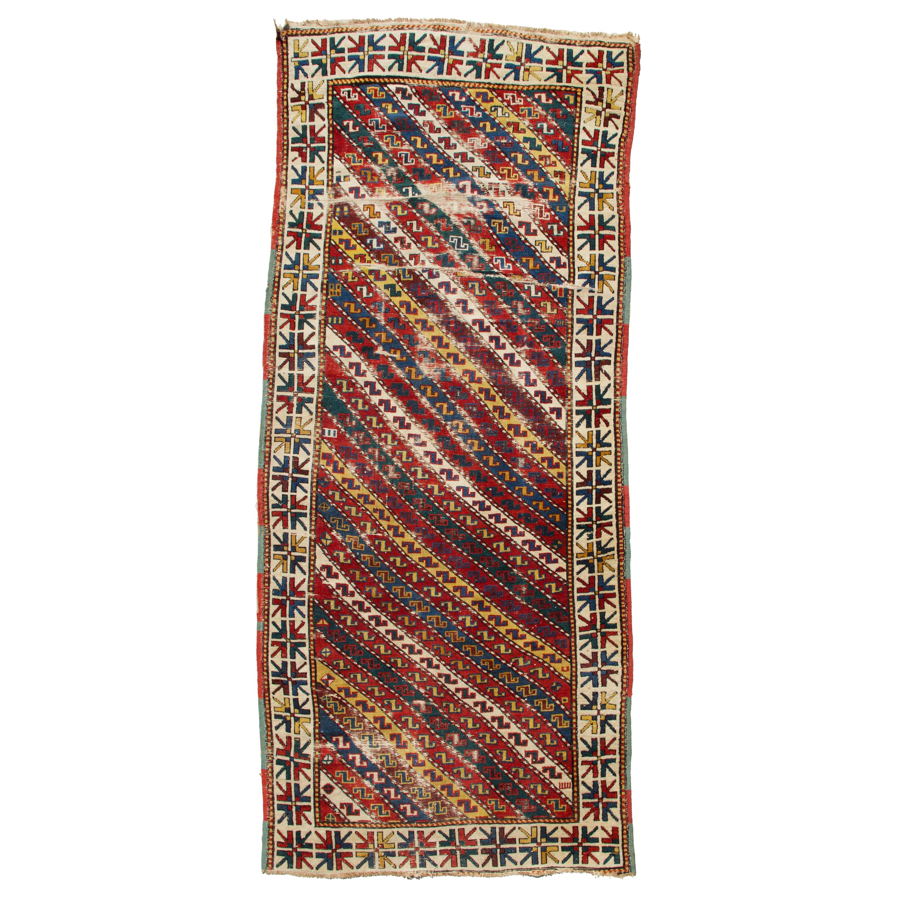Caucasian Genje Diagonal Stripe Rug, Long Format, Russian Empire For Sale