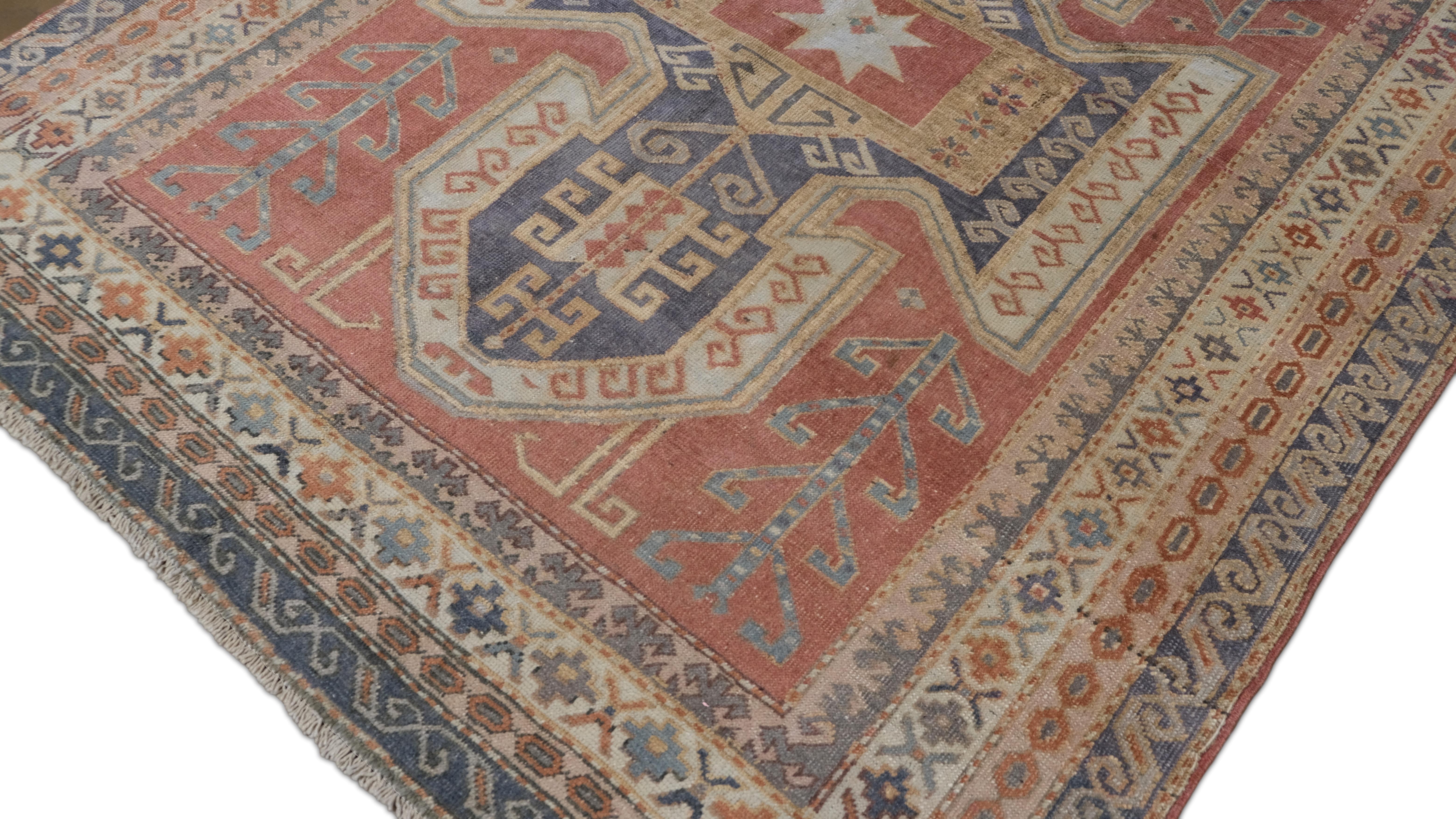 Vittoriano Runner in lana rosso e blu vintage in stile kazako caucasico 5'4''x12' in vendita