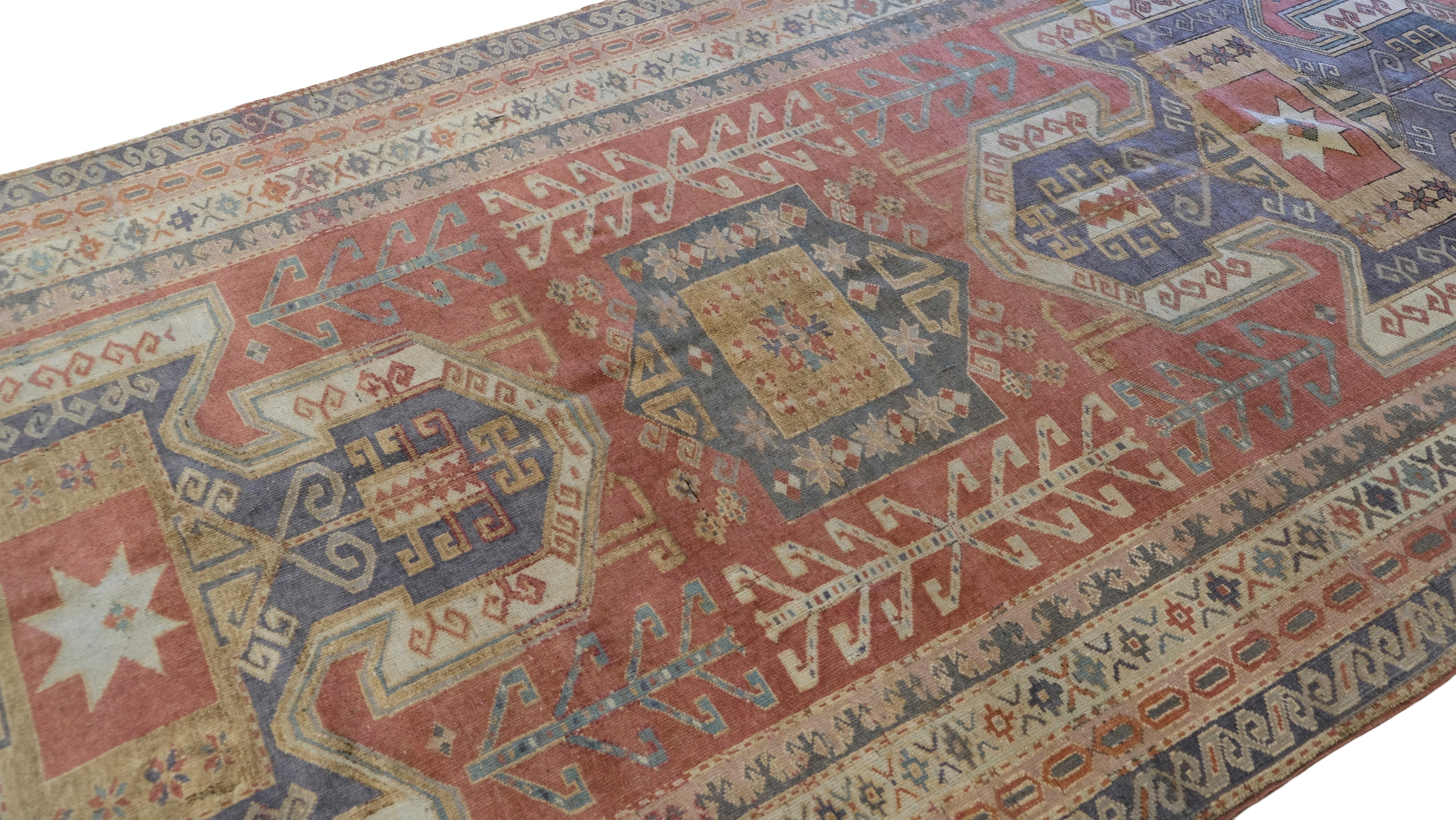 Turco Runner in lana rosso e blu vintage in stile kazako caucasico 5'4''x12' in vendita