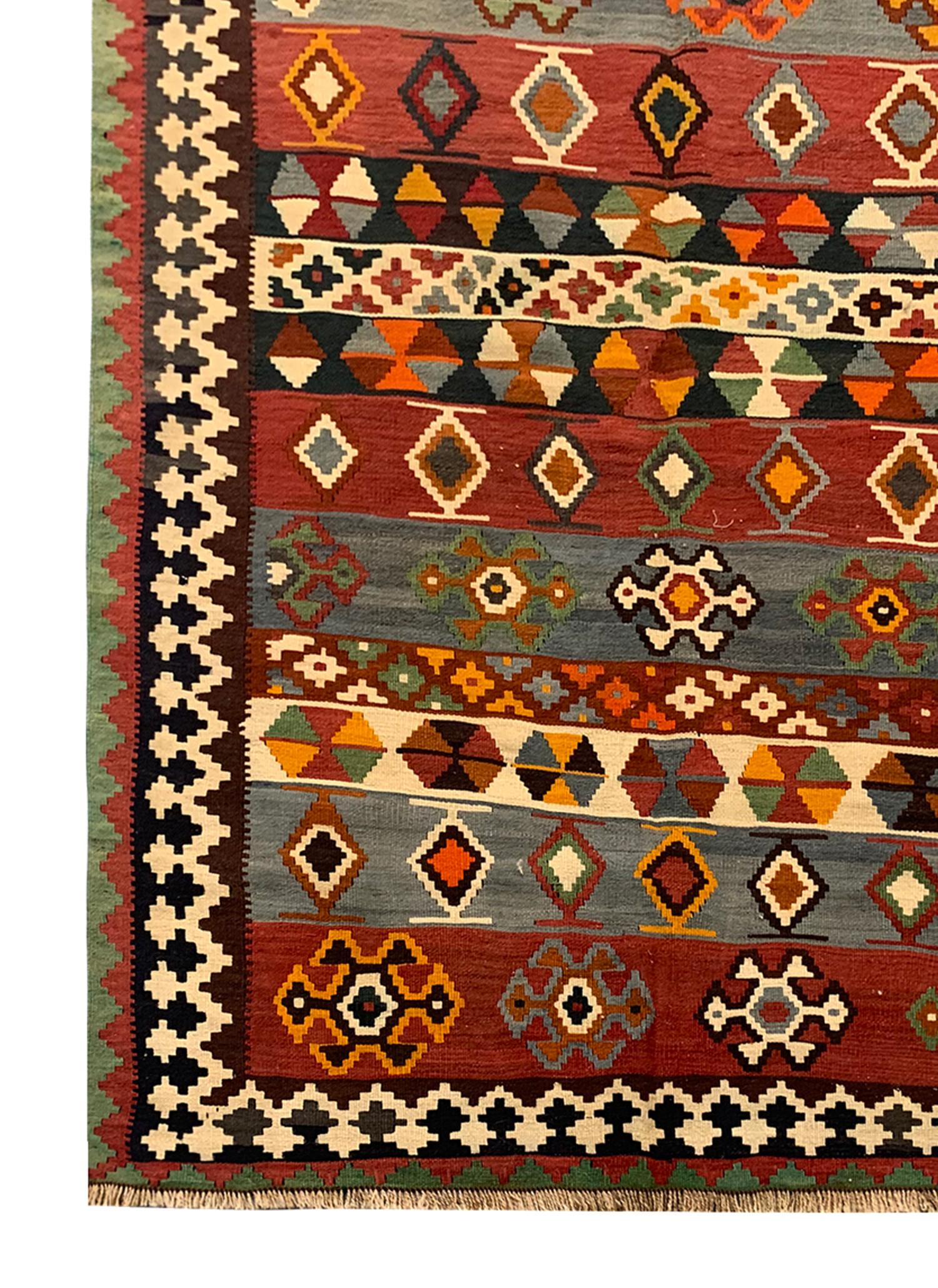 Azerbaijani Caucasian Kilim Rug Handmade Antique Striped Kilim Traditional Carpet For Sale