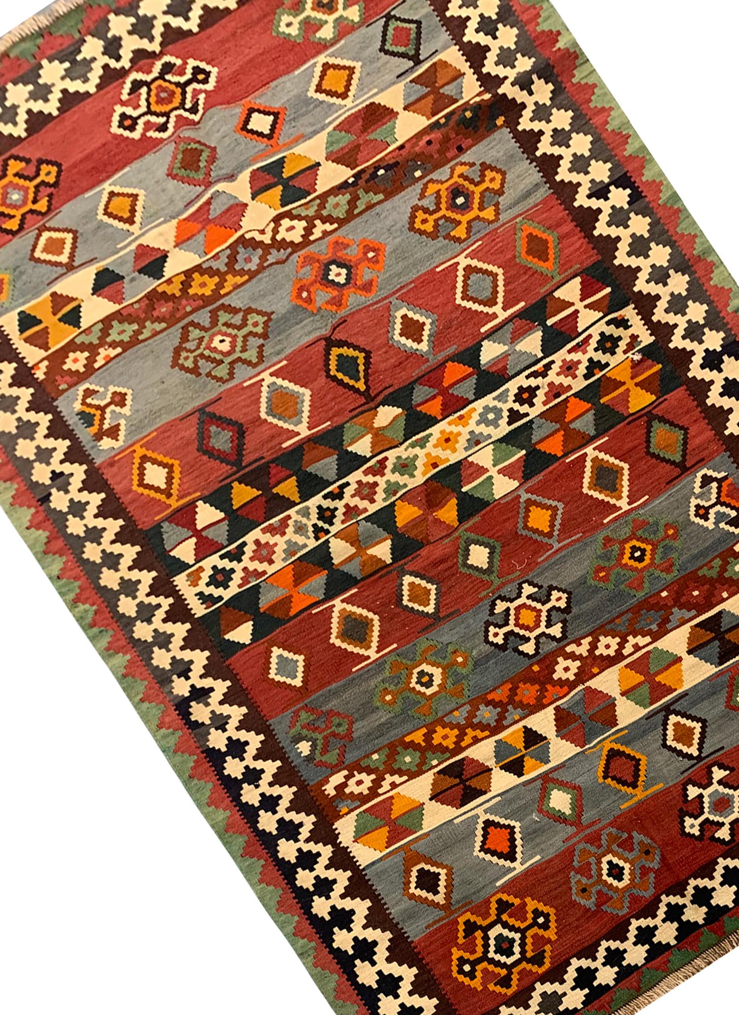 Hand-Knotted Caucasian Kilim Rug Handmade Antique Striped Kilim Traditional Carpet For Sale