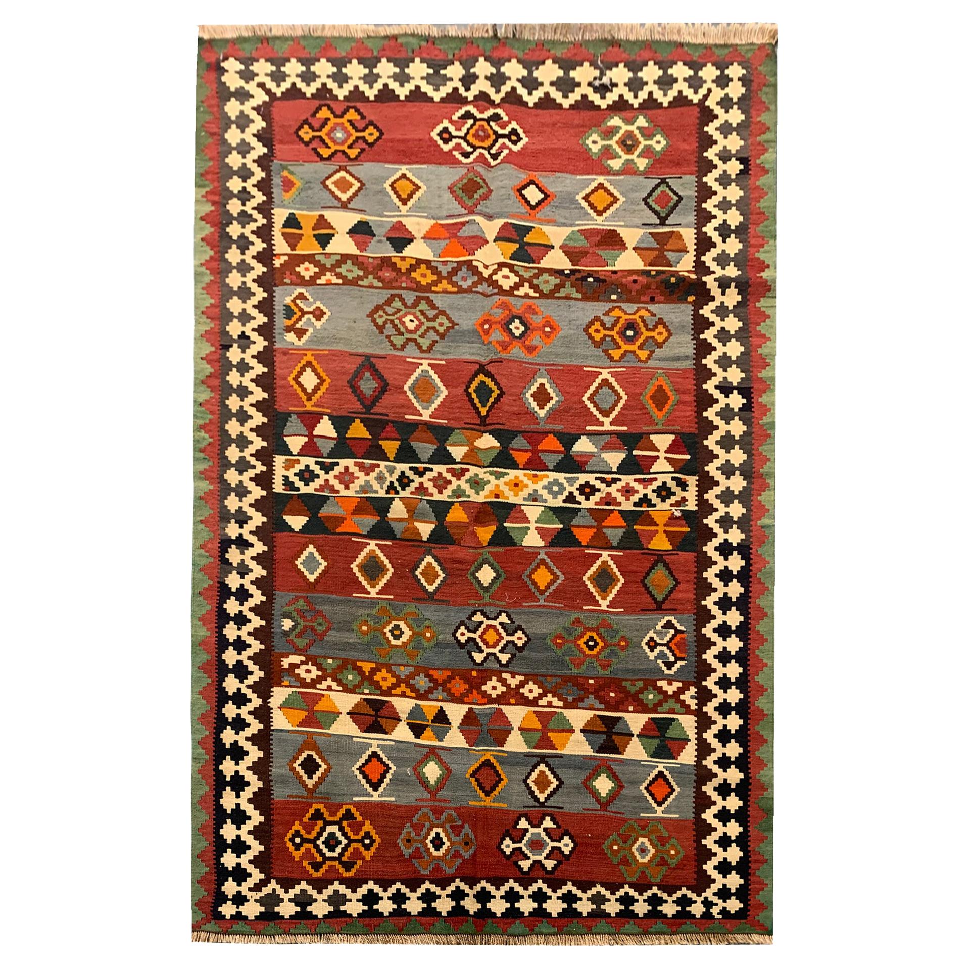 Kaukasischer, handgefertigter, antik gestreifter, traditioneller, kaukasischer Kelim-Teppich