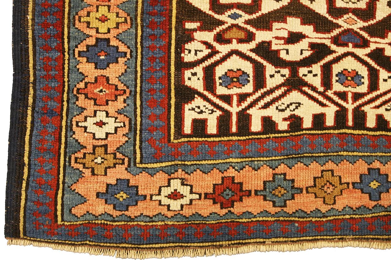 This ancient Caucasian rug named Konakend or Konagkend comes from the territory of Kuba, south of Ci-Ci. Hand knotted in the 19th century with woolen fleece, warp and weft, measures 177 × 106 cm (5' 9