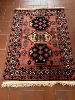 Caucasian Rug with Geometric Pattern Weave in Cotton and Wool Knot